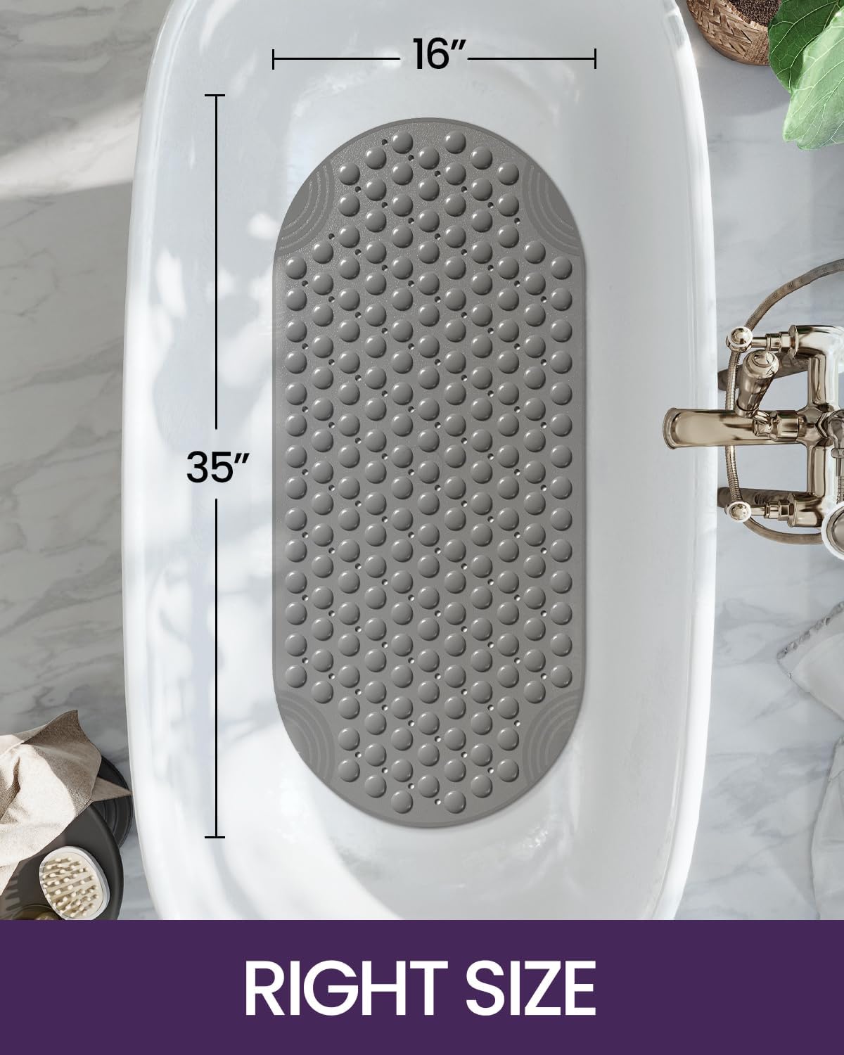 DEXI Tapete de bañera antideslizante para baño, bañera, taza de succión lavable de 16 x 35 pulgadas, color gris