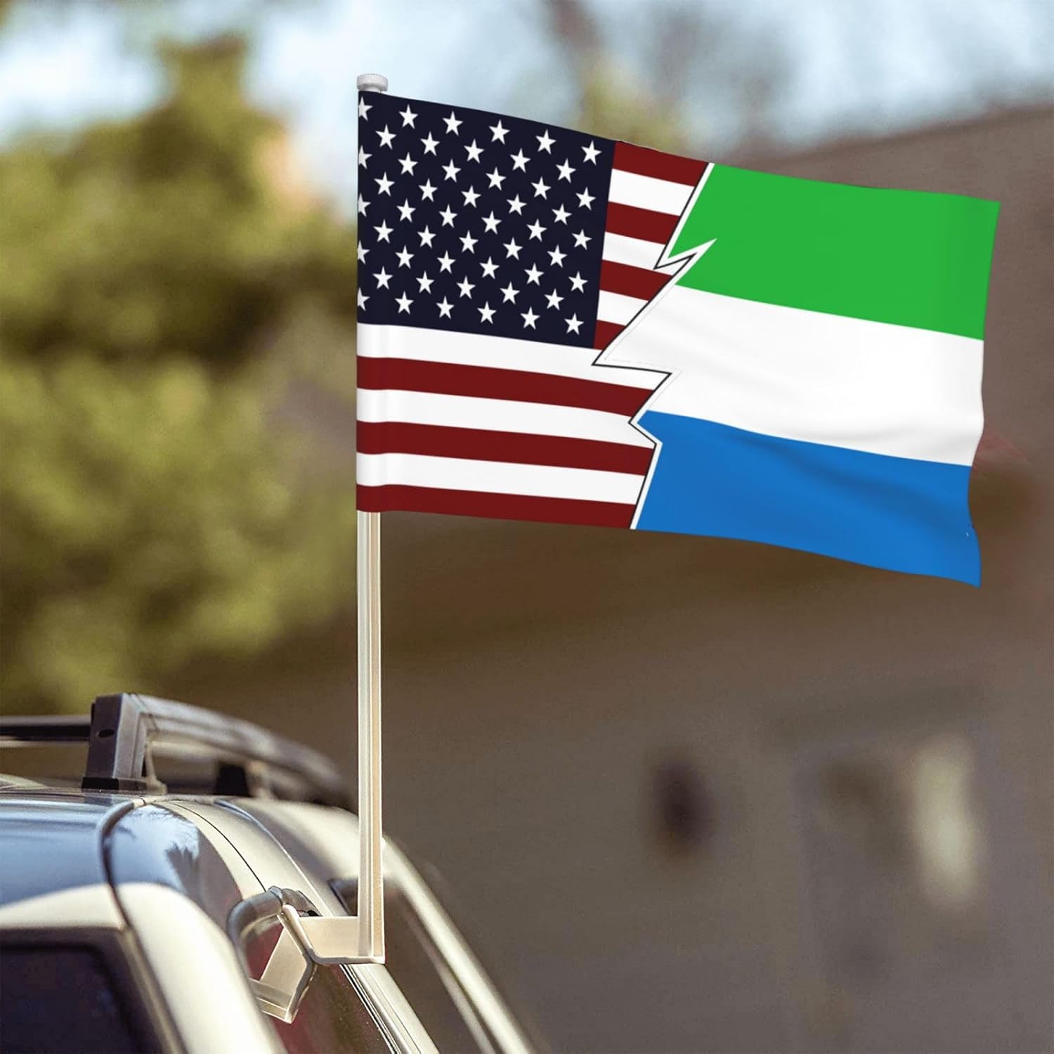 Double Sided Printing Torn Style American And Sierra Leone Flags Car Flag 12×18 Inches Car Window Clip Flags Car Decoration Banner