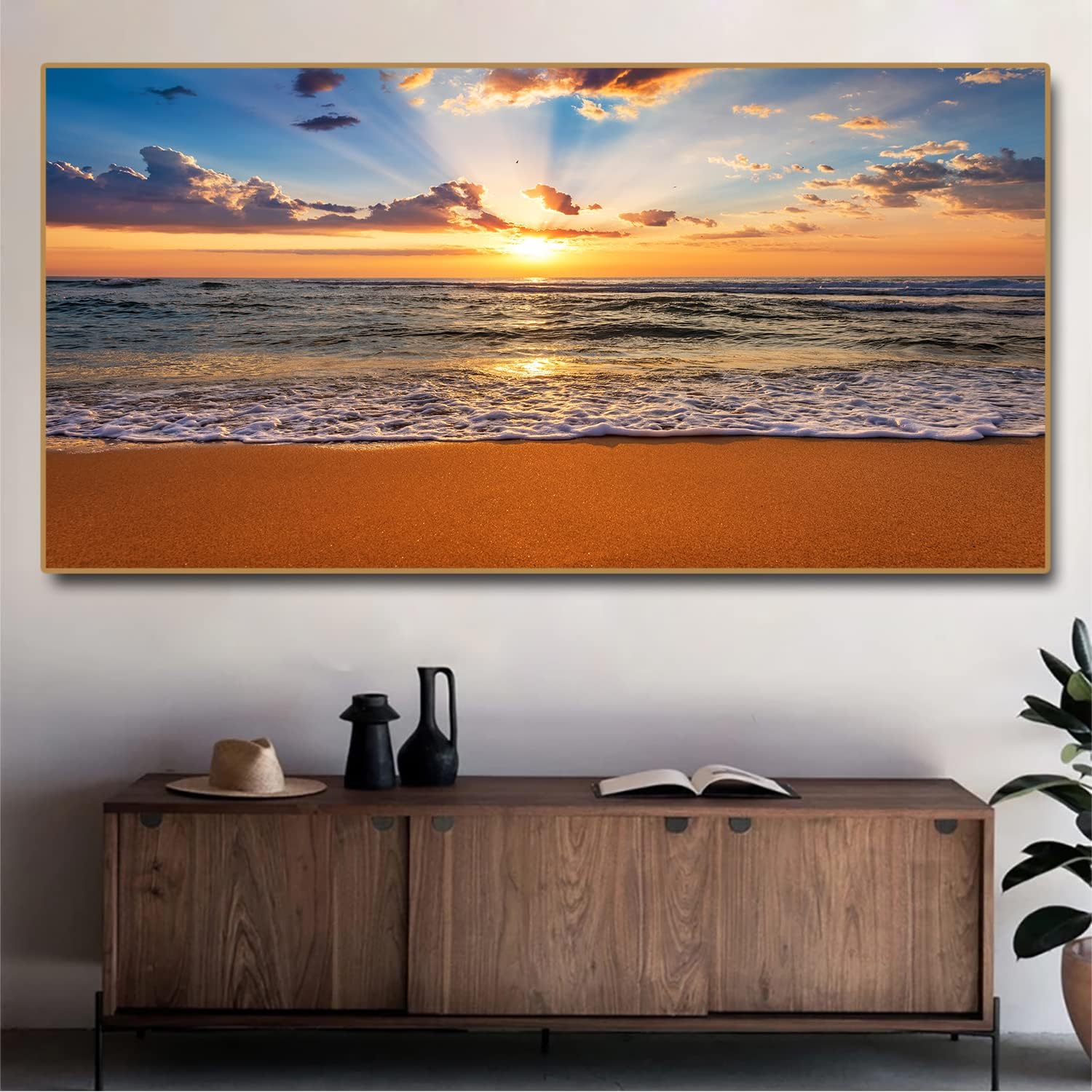SUCREY Pintura en lienzo con diseño de olas del océano del amanecer en la playa, pósteres e impresiones modernas, arte de pared, sala de estar,