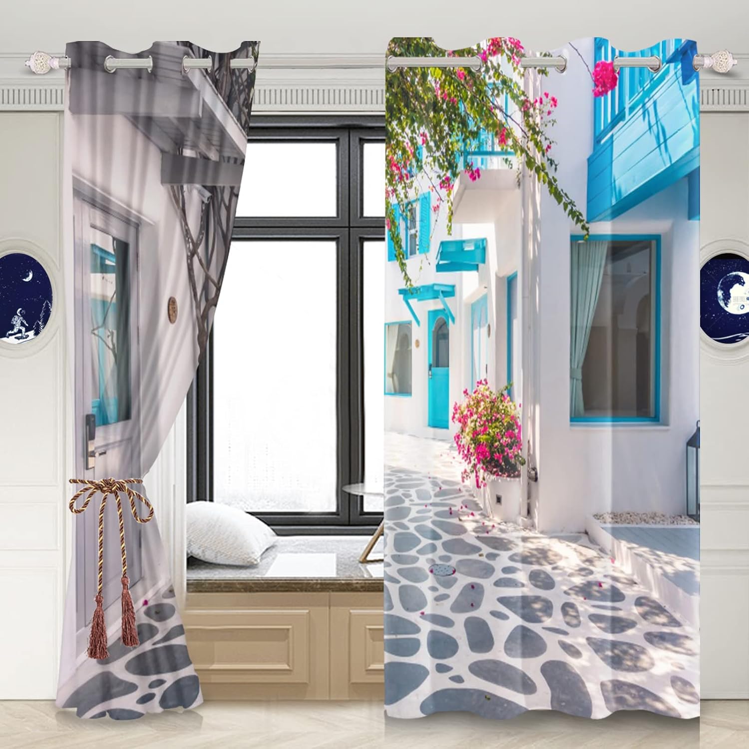 AWERT Grecia Santorini – Cortinas opacas con diseño de arquitectura azul, hermoso paisaje europeo, cortinas de ventana para sala de estar y