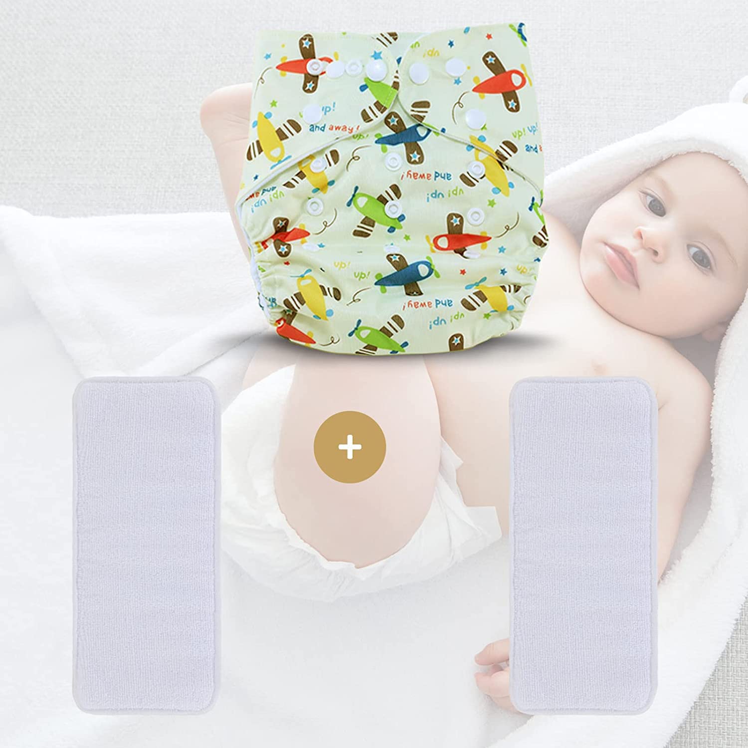 Pañal de tela lavable reutilizable talla única ajustable para bebé, 1 pañal y 2 piezas de insertos de microfibra de 3 capas