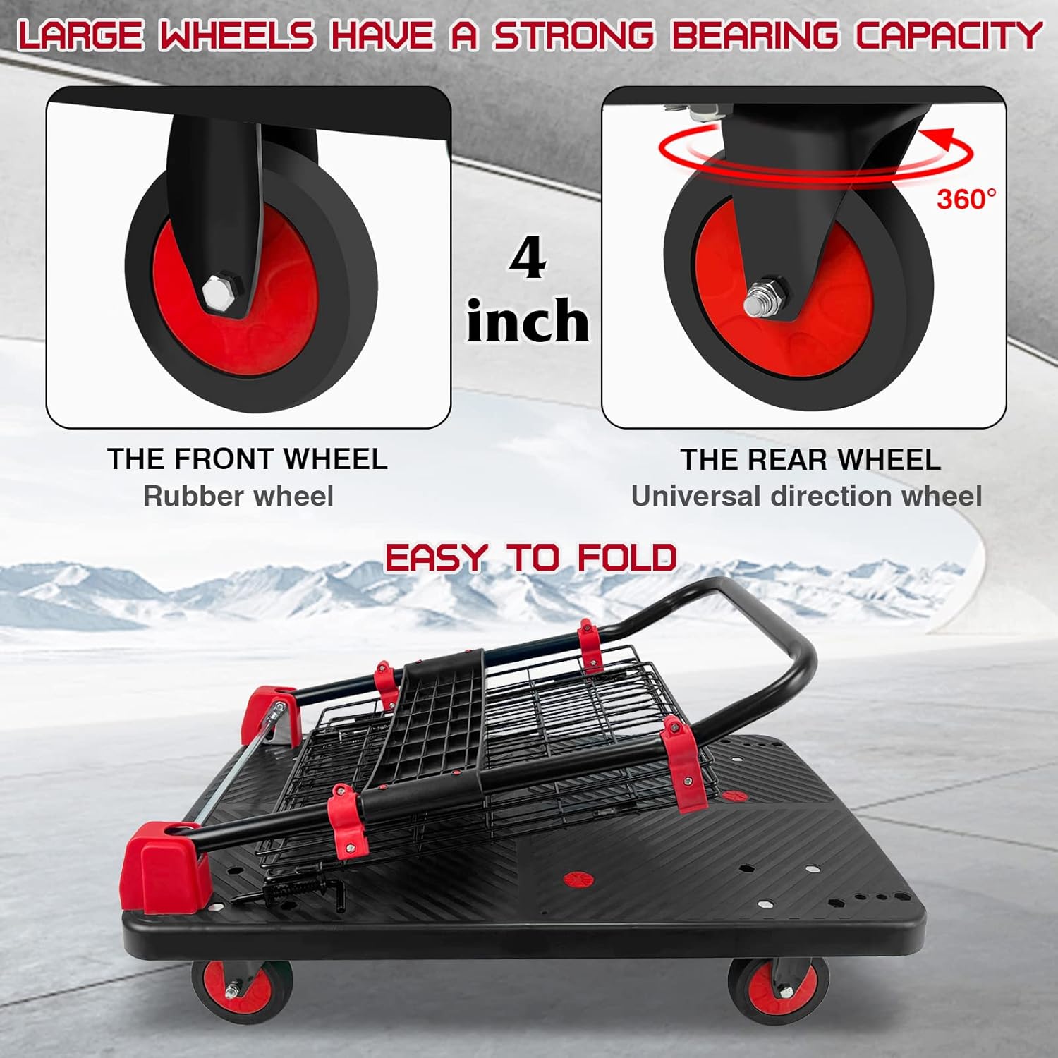 Carrito de plataforma con jaula, carrito plegable de empuje de 440 libras de capacidad con ruedas giratorias de 360 grados TPR de 5 pulgadas,