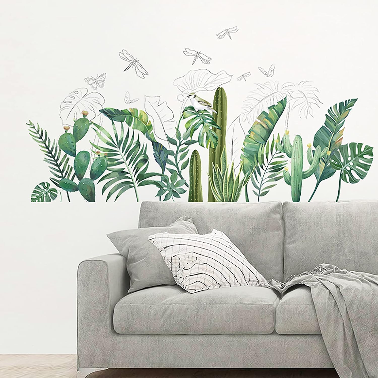 Calcomanías de pared de hojas tropicales, palmeras verdes extraíbles, plantas de árbol, cactus, calcomanías de pared para sala de estar, habitación