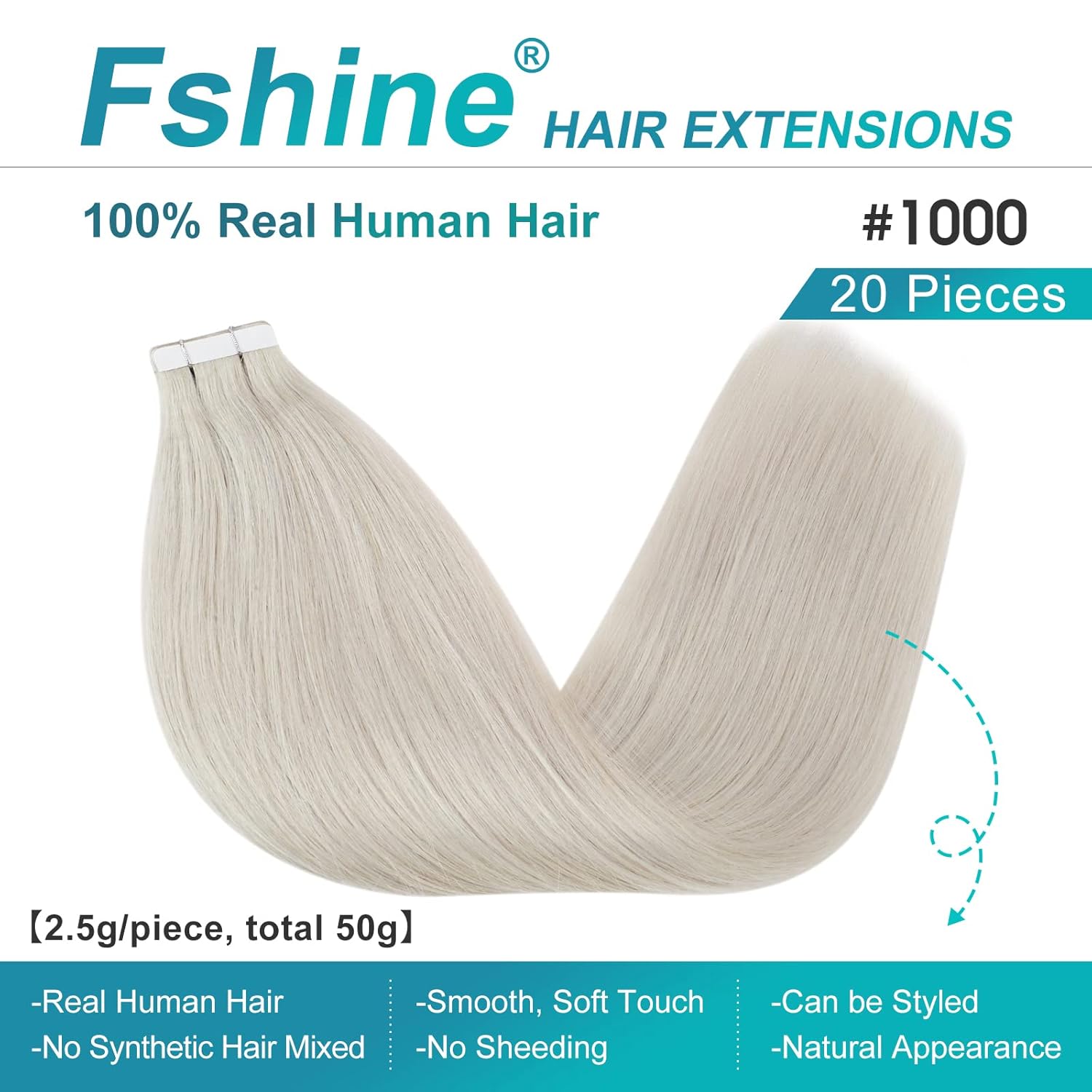 Fshine Extensiones de cabello humano Remy con cinta adhesiva, color rubio blanco, extensiones de cabello natural, sedosas, lacias, rubias, suaves y