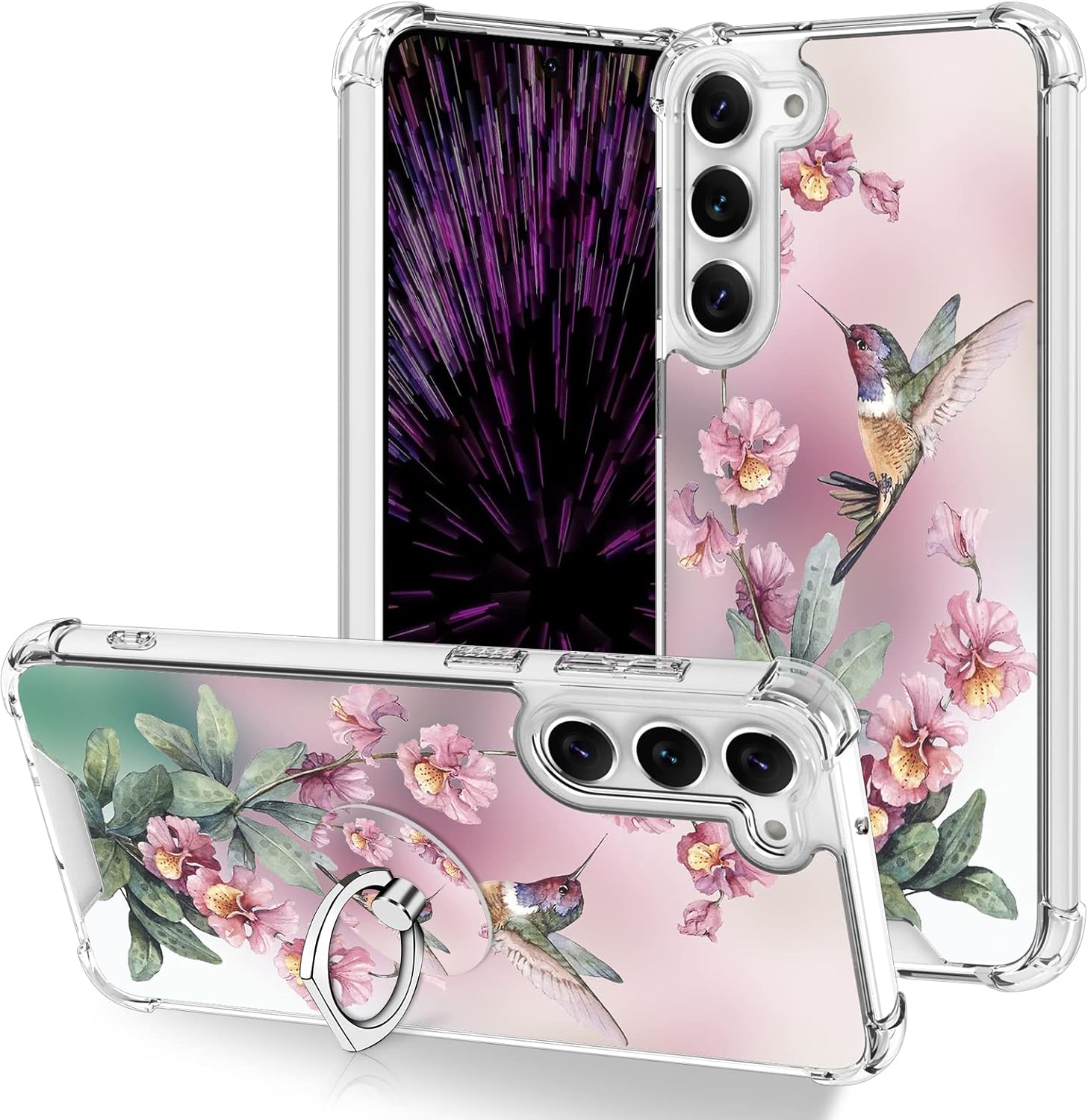 OOK Funda transparente compatible con Samsung Galaxy S23 Plus 5G, diseño de colibrí rosa, flexible, TPU a prueba de golpes, antiarañazos, funda