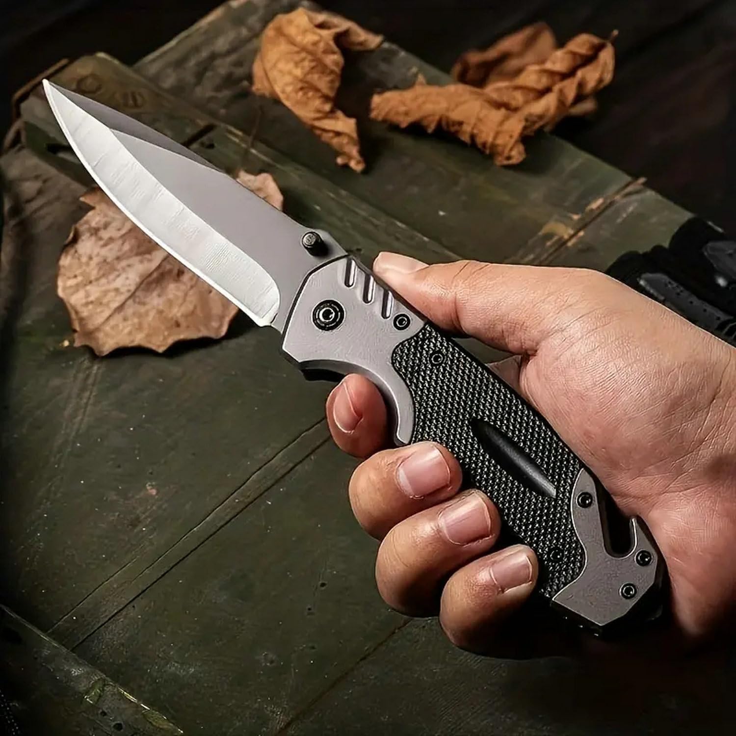 Yerdchts Cuchillo plegable SS de 8.58 pulgadas con hoja afilada de 3.74 pulgadas, cuchillo plegable para tácticas de autodefensa al aire libre,