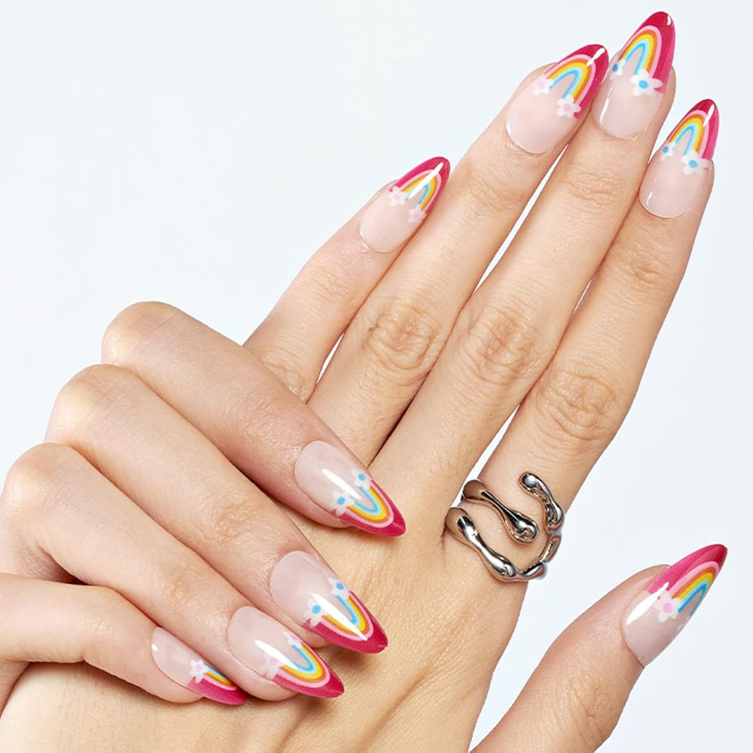 GLAMERMAID – Uñas postizas cortas a presión con punta francesa, uñas postizas de gel ovaladas medianas con diseño de flores de arcoíris, uñas