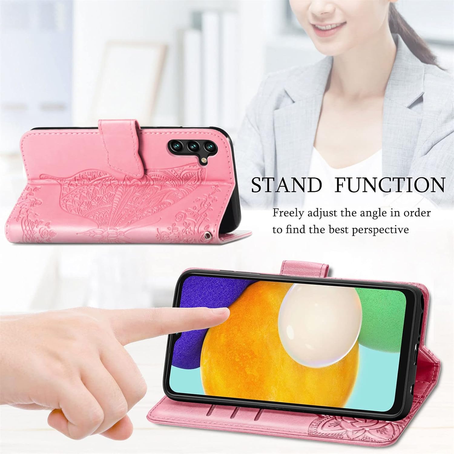 Funda diseñada para Samsung Galaxy A13 5G, correa de muñeca con función atril y función atril de piel sintética, para tarjetas de efectivo, funda