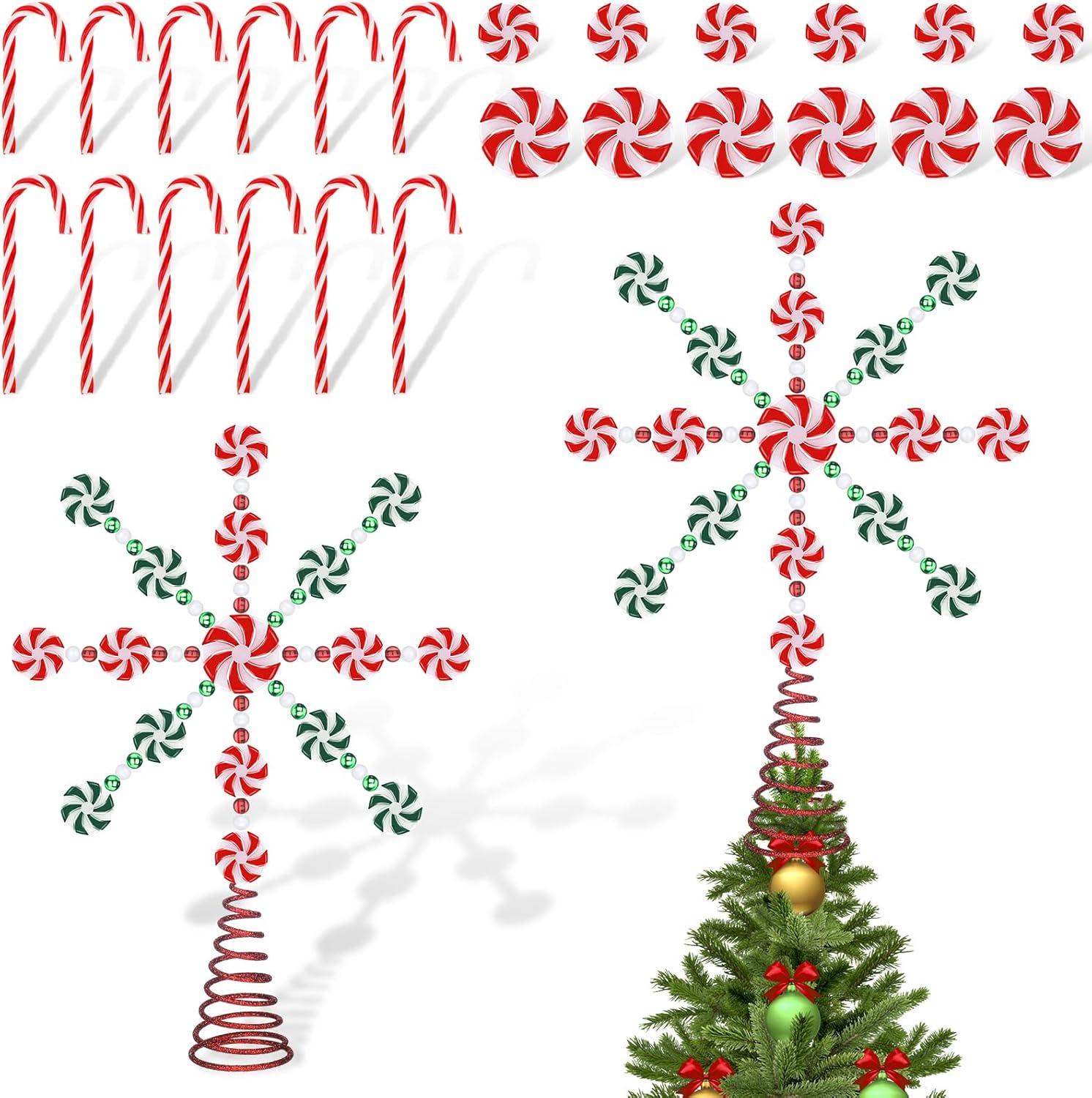 Shappy Juego de 26 adornos de árbol de Navidad con forma de copo de nieve de caramelo, bastones de caramelo de menta, adornos para árbol de Navidad,