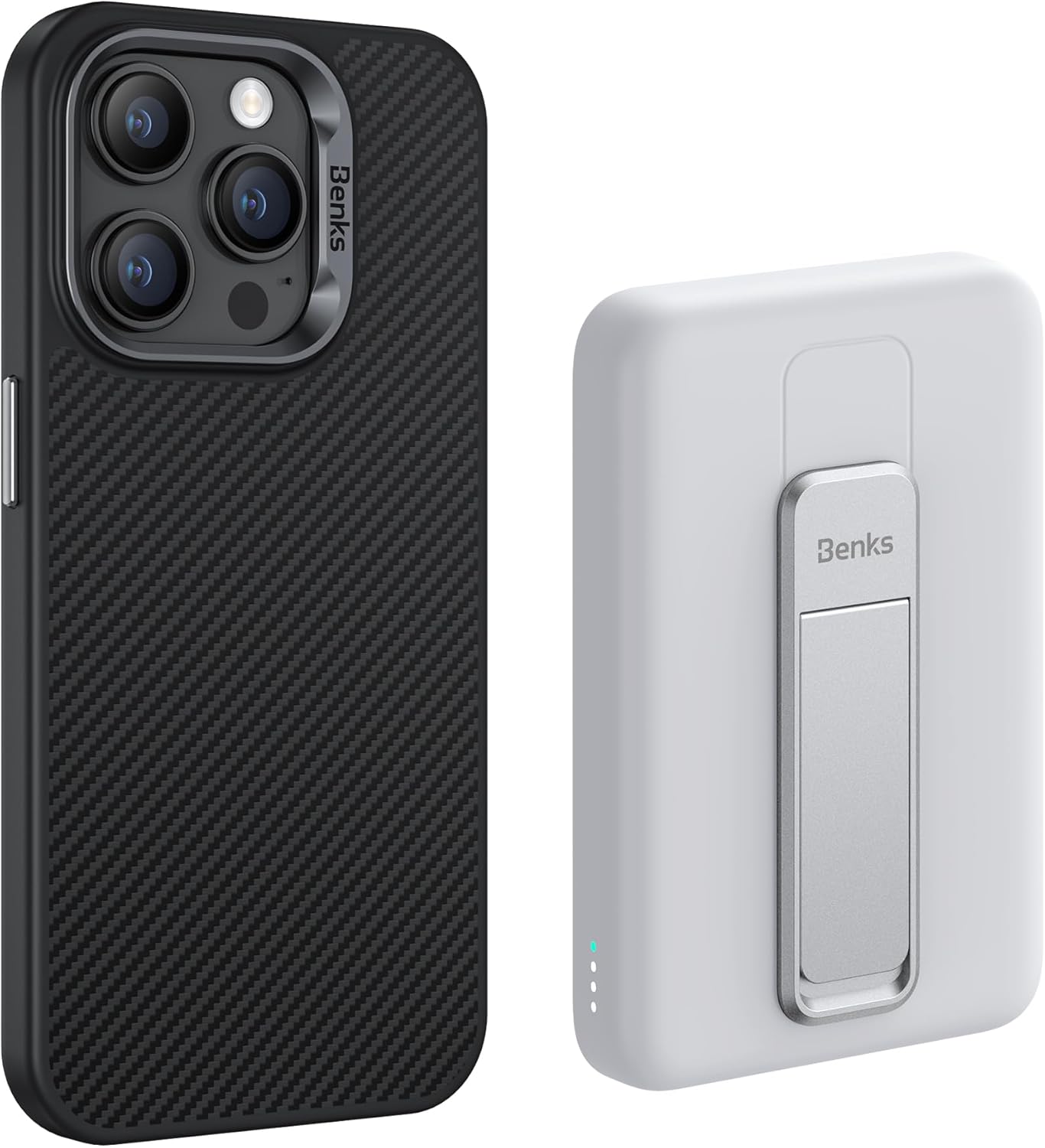 BENKS Funda para iPhone 15 Pro Max fabricada con fibra de aramida Kevlar 600D + banco de energía magnético MagClap StandGo de 10000 mAh