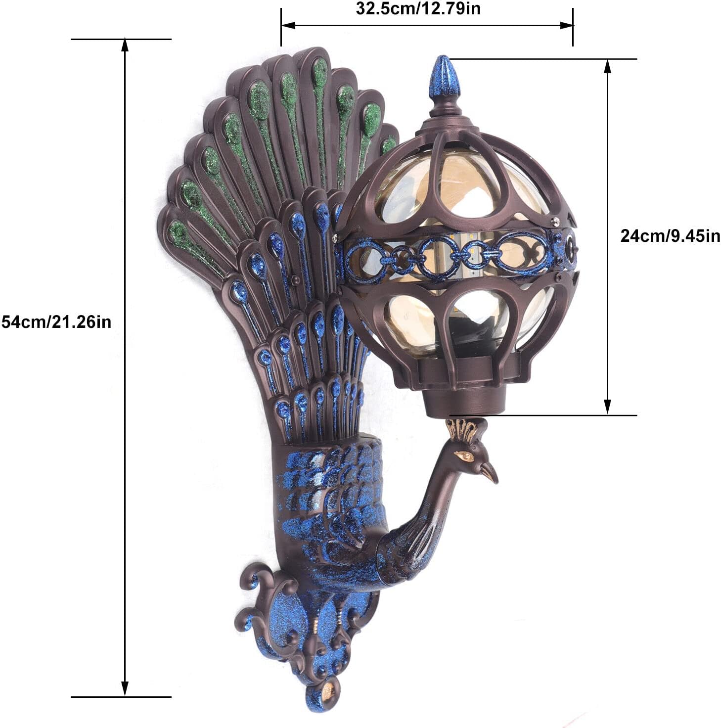 Lámpara de pared de pavo real, 21 pulgadas, decoración de arte retro antiguo, lámpara LED de pared, impermeable IP65, resistente a altas