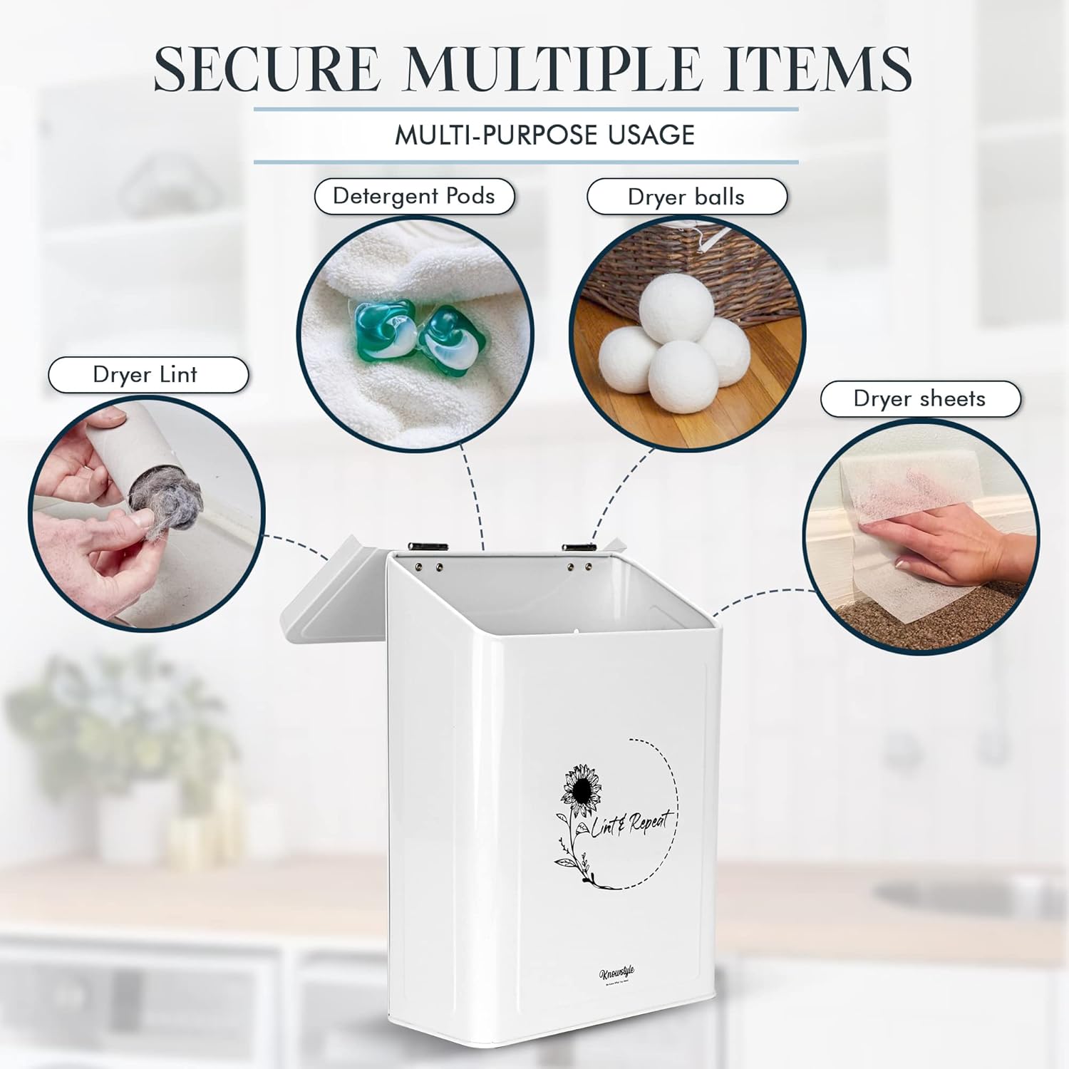 Knowstyle Cubo de pelusa magnético de metal para decoración de cuarto de servicio, papelera de lavandería con cepillo de pelusa para secadora para