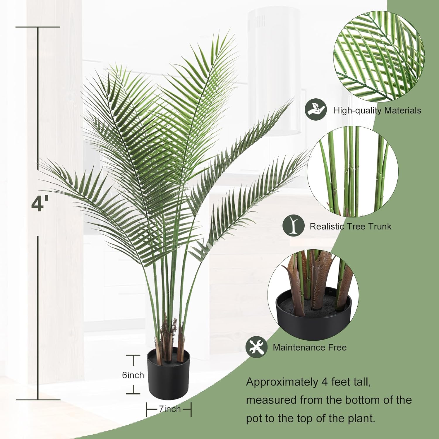 Palmera artificial de 4 pies con 9 troncos de imitación perfecta Dypsis Lutescens en maceta para interiores y exteriores, casa, oficina, jardín,