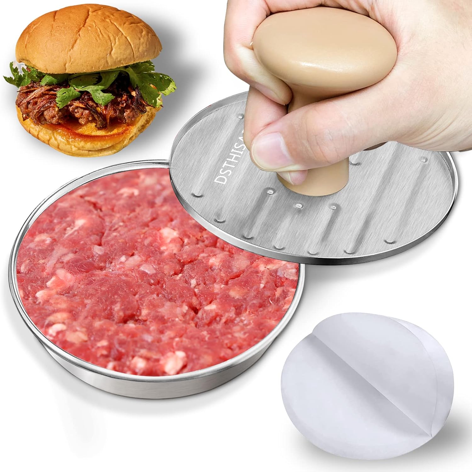 DSTHISAR Prensa de hamburguesas, prensa de hamburguesas de acero inoxidable de 5 pulgadas, prensa antiadherente para hacer hamburguesas, para asar y