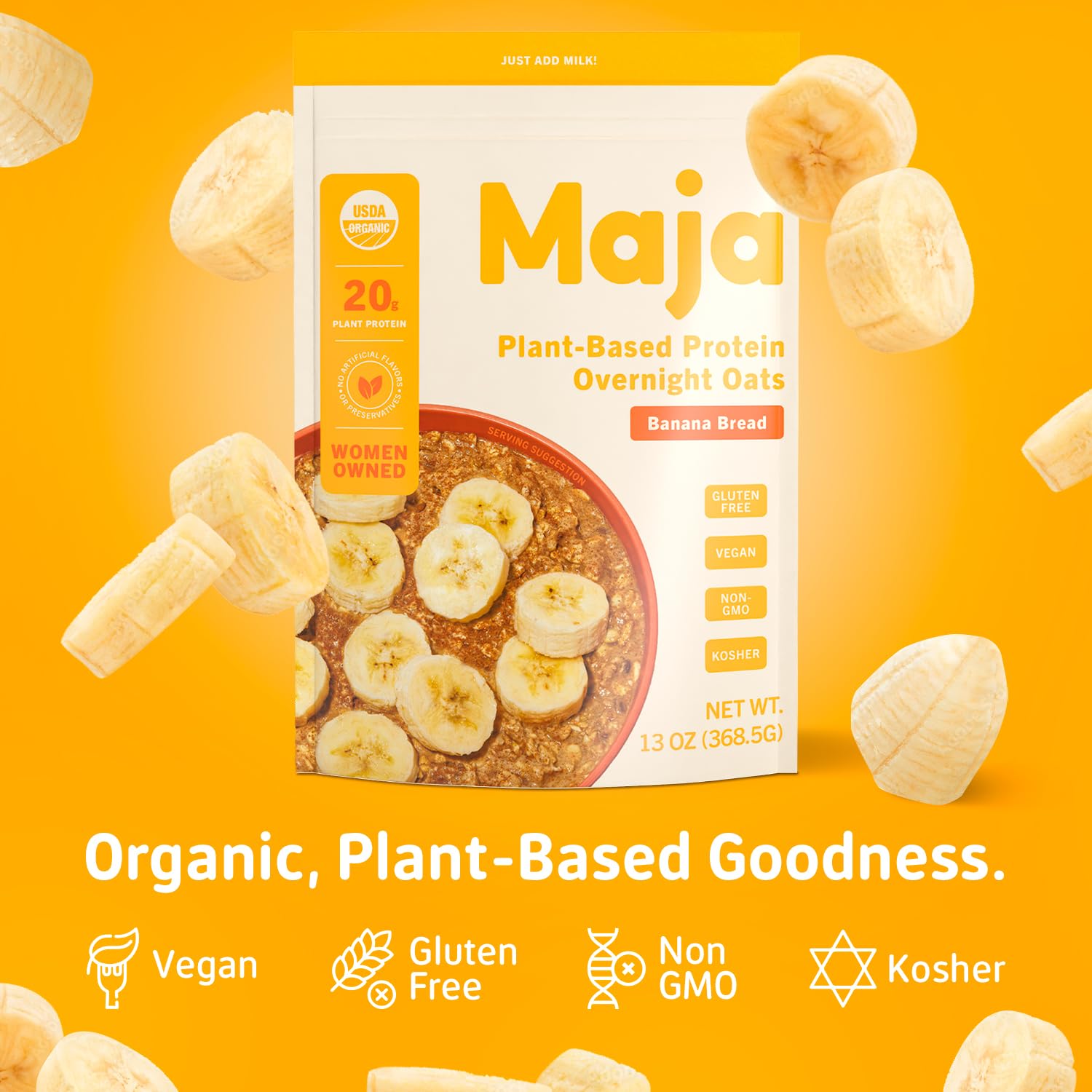 Maja Avena proteica orgánica a base de plantas  Pan de plátano avena durante la noche, 5 porciones (2.40 oz) Vegana, avena sin gluten, deliciosa