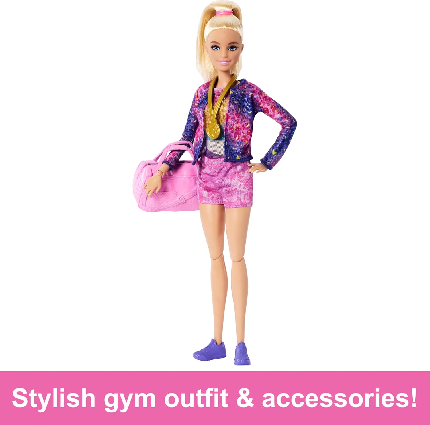 Barbie Muñeca de gimnasia y accesorios, juego con muñeca rubia de moda, clip en C para acción de giro, haz de equilibrio, traje de calentamiento y