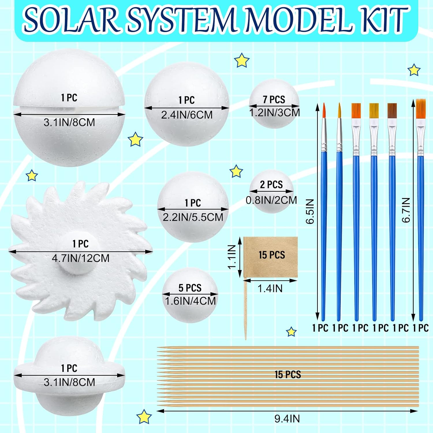 El kit de modelo de sistema solar de 56 piezas incluye 20 bolas de espuma de tamaño mixto, 15 palos de bambú, 15 banderas de palillo de dientes, 6