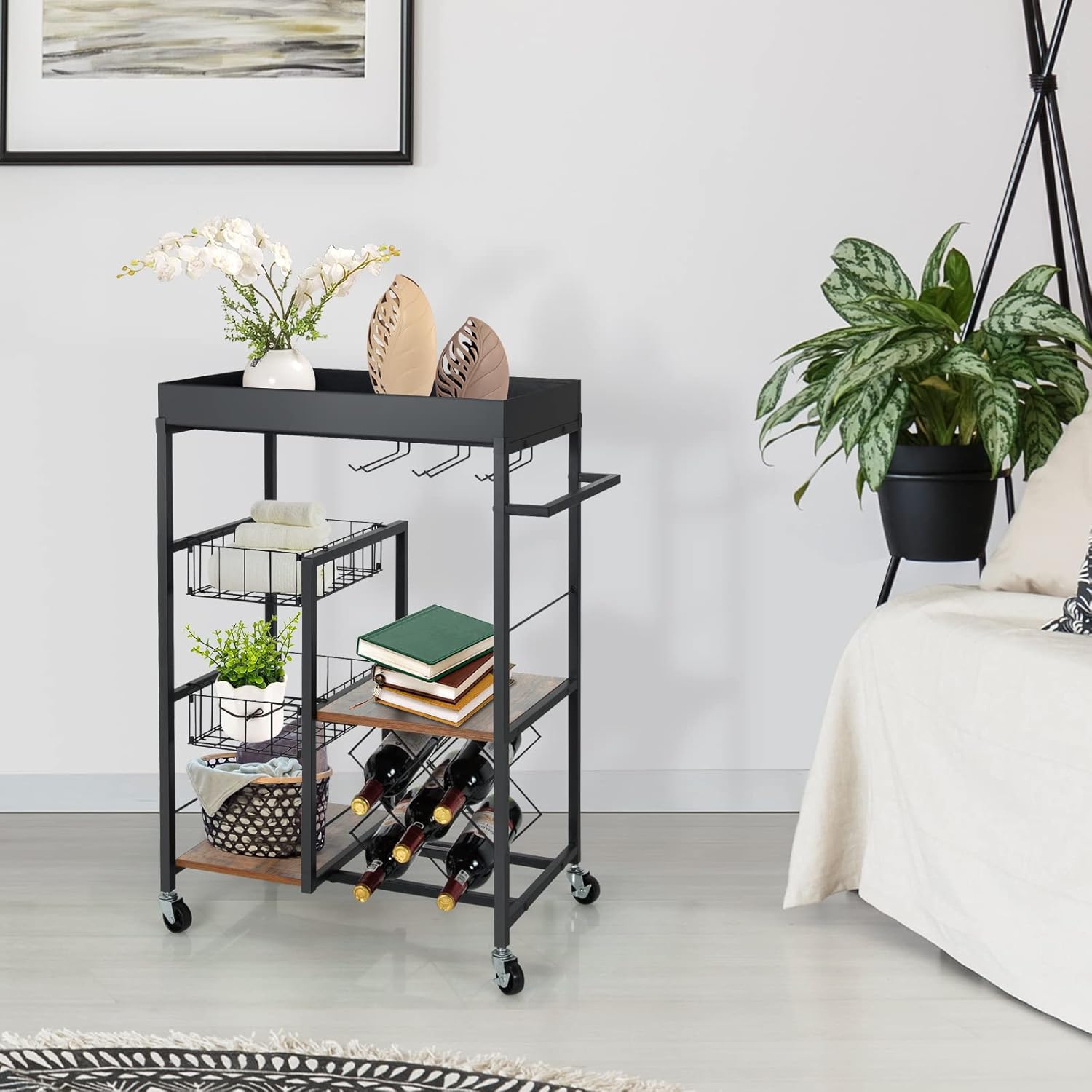 Giantex Carrito de isla de cocina con ruedas, carrito de servicio de bar móvil, con bandeja superior extraíble, estante para vino, soporte para