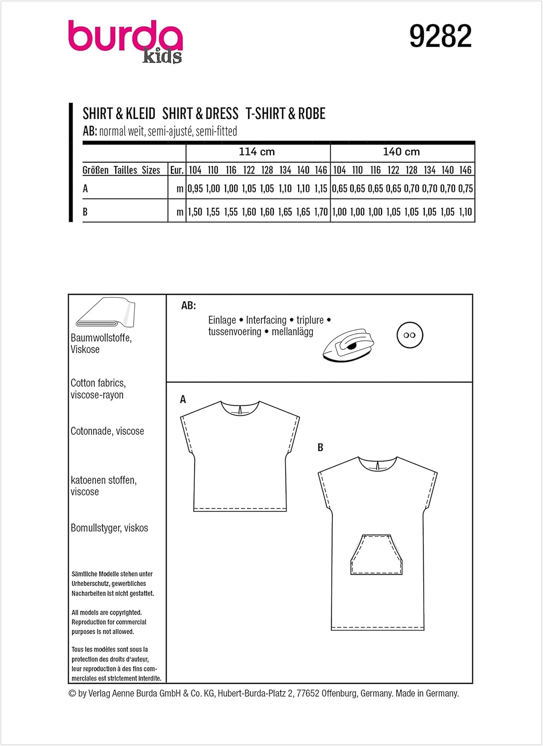 Burda Style Easy – Vestido sin mangas y camiseta para niños, código 9282, kit de patrón de costura, tallas 4-10, multicolor