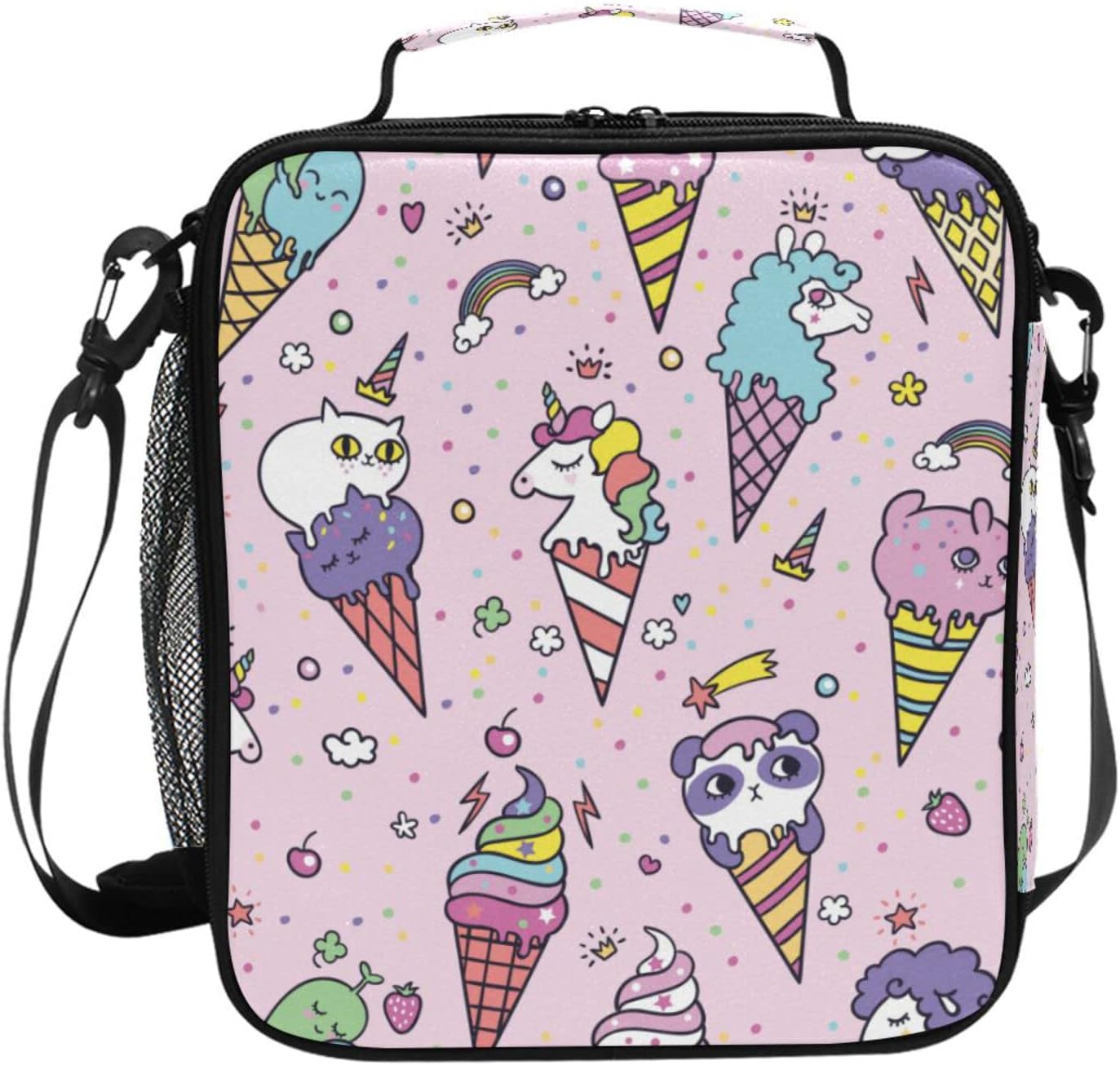 Linda bolsa de almuerzo con diseño de cono de unicornio y lunares rosados para niñas y niños, lonchera pequeña con aislamiento térmico para niños
