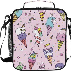 Linda bolsa de almuerzo con diseño de cono de unicornio y lunares rosados para niñas y niños, lonchera pequeña con aislamiento térmico para niños Linda bolsa de almuerzo con diseño de cono de unicornio y lunares rosados para niñas y niños, lonchera pequeña con aislamiento térmico para niños