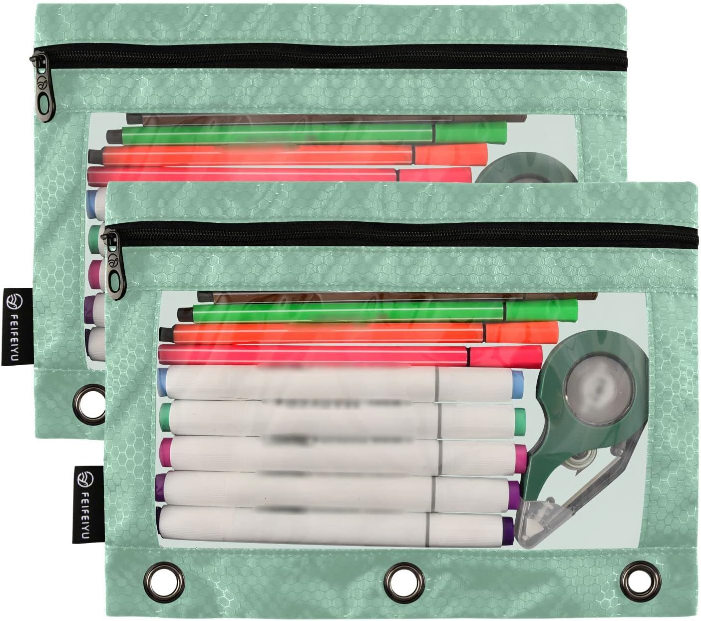 Gredecor Estuche para lápices con 3 anillos, color verde salvia, con cremallera, 2 unidades, organizador transparente para carpetas escolares y