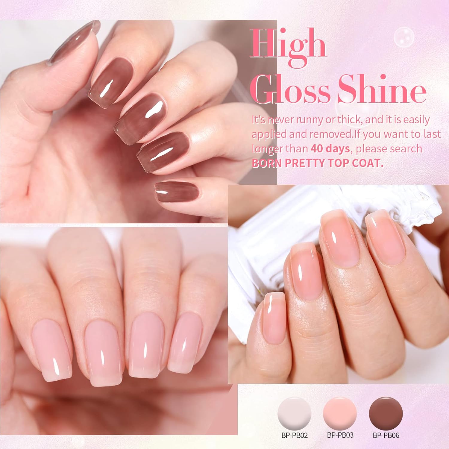 Born Pretty Juego de esmaltes de uñas de gel transparente color rosa nude, esmalte de gel translúcido transparente con capa superior mate brillante