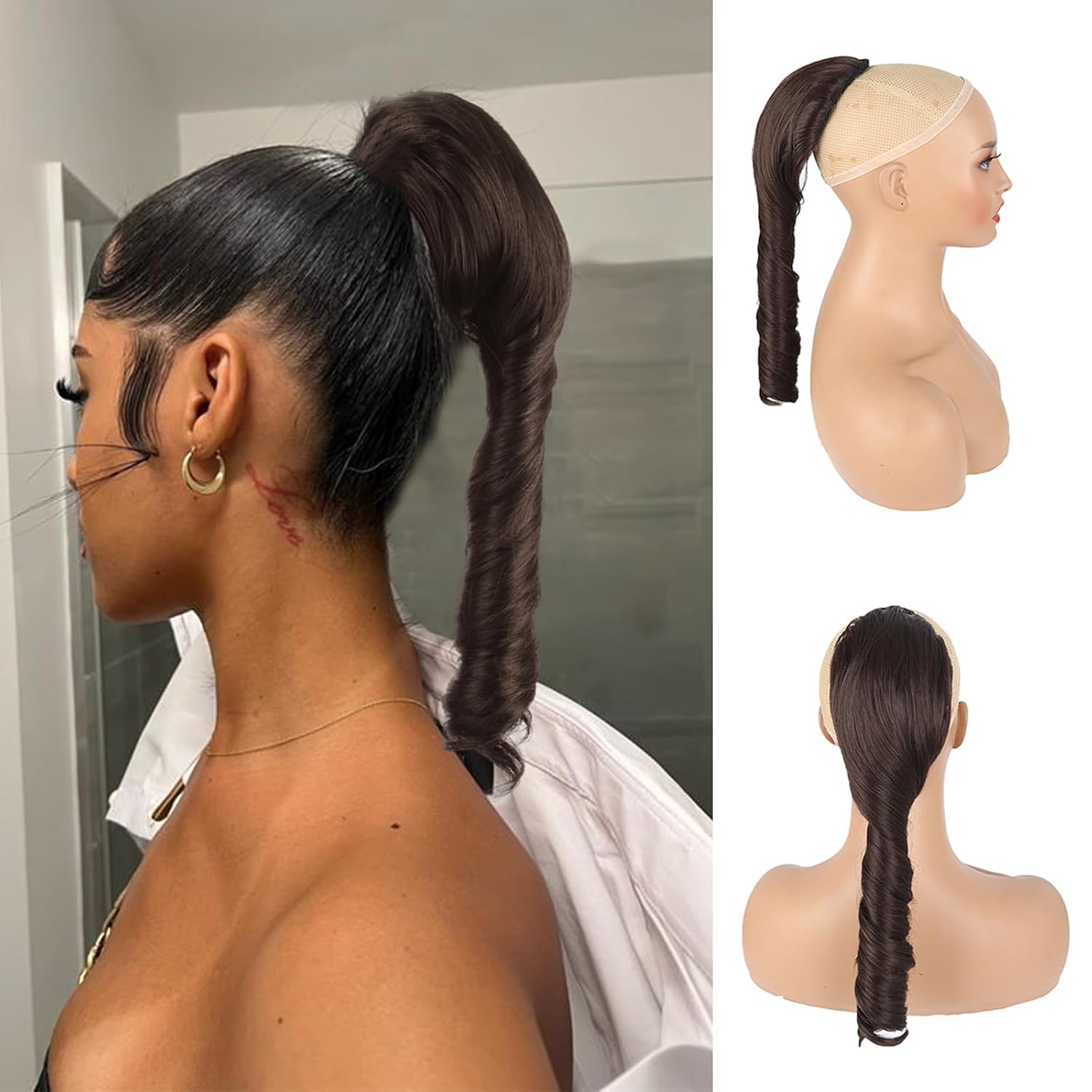 Oseti Extensión de cola de caballo rizada de 14 pulgadas, extensiones de cabello sintético corto ondulado marrón con cordón para mujer, extensiones