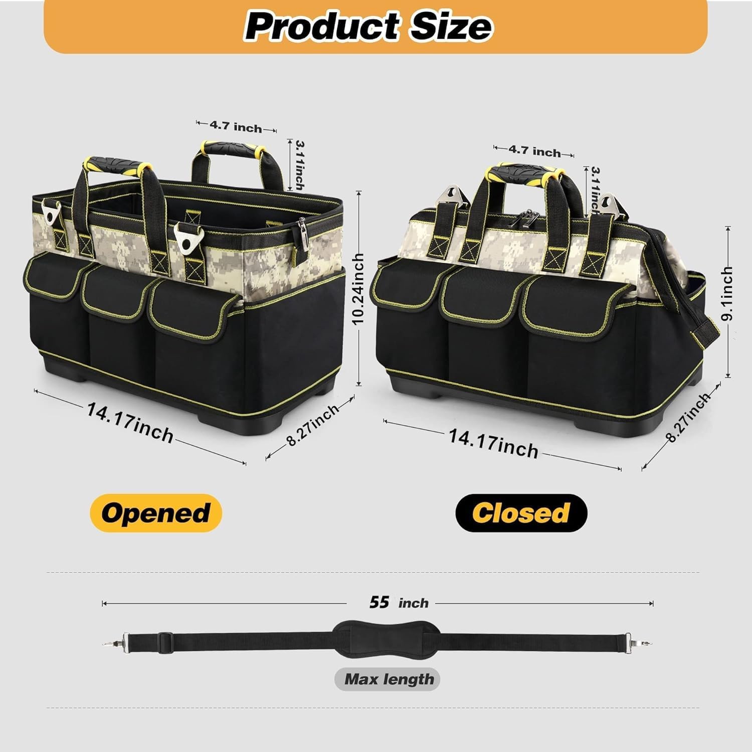 Toocust – Bolsa de herramientas, base moldeada impermeable de 15 pulgadas, bolsa de herramientas de boca ancha con múltiples bolsillos, parte