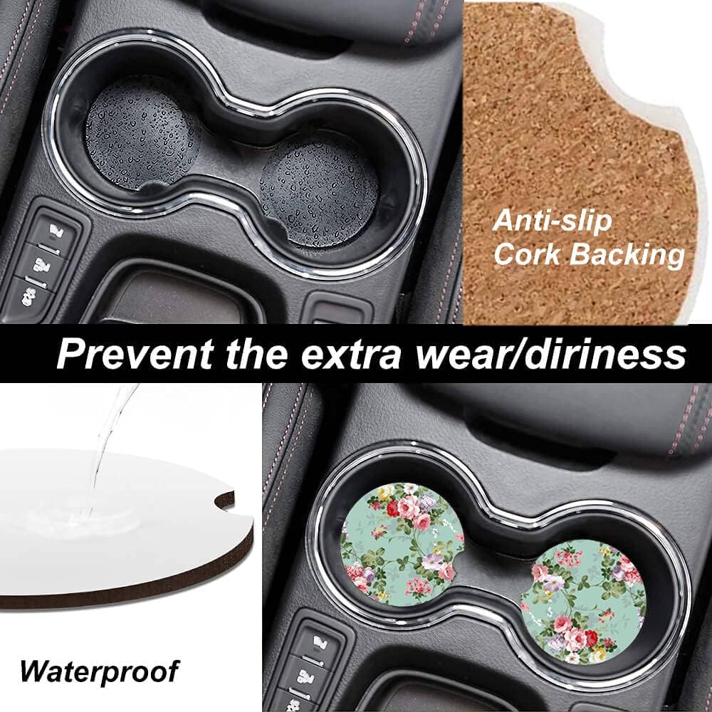 Portavasos de cerámica verde y rosa para mujereshombres, bonitos posavasos absorbentes para automóvil con muesca de dedo de 2.56 pulgadas, paquete