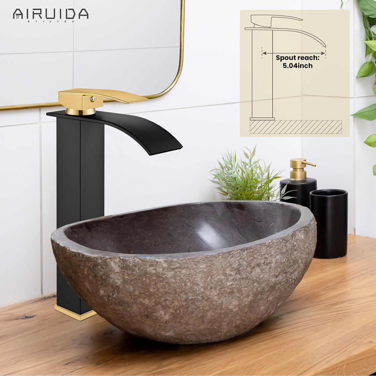 Airuida Grifo de lavabo alto para baño, color negro mate y oro cepillado, moderno solo agujero de una sola manija, estilo granja, lavabo montado en