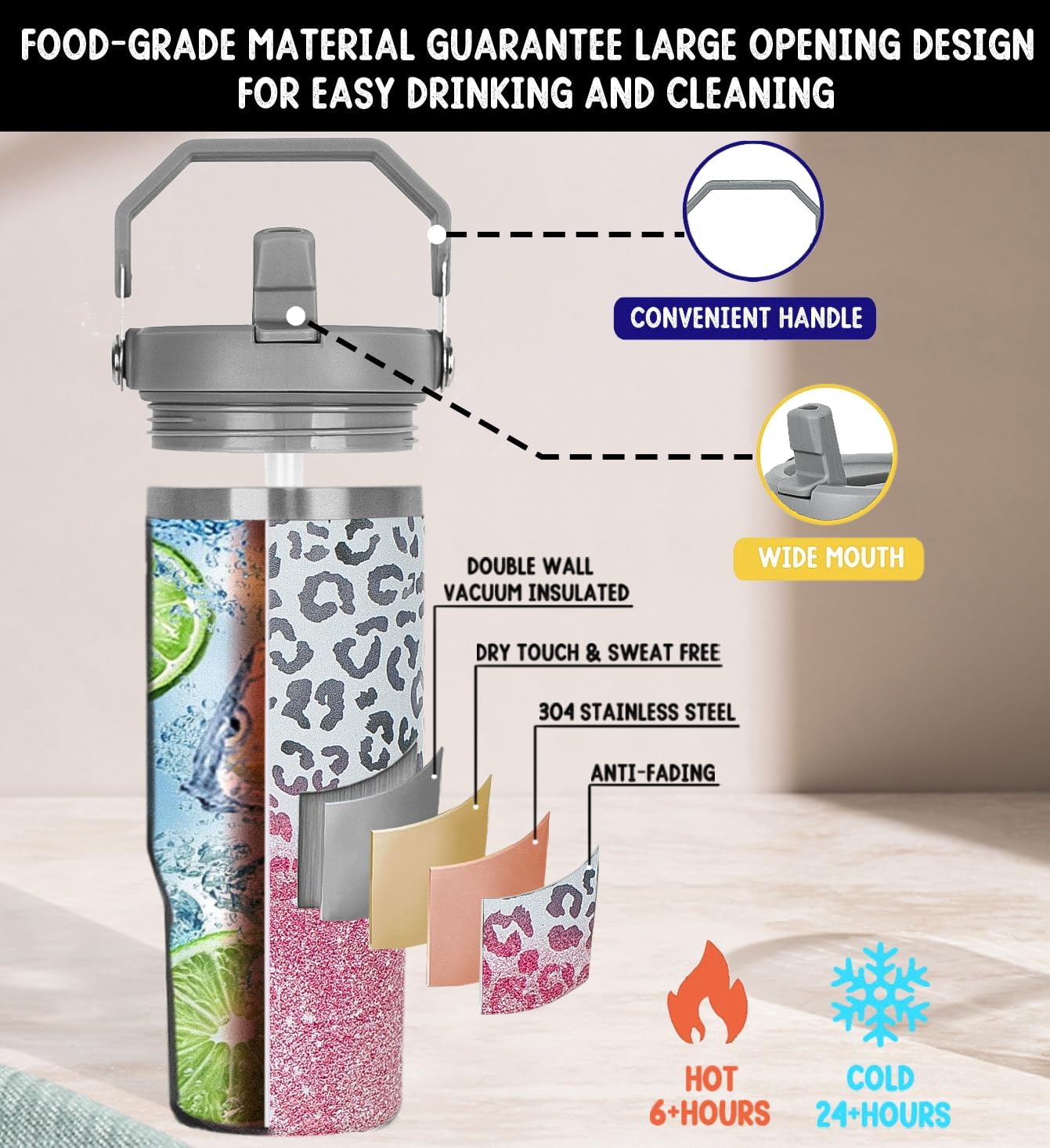 Rcvlauf Vaso con estampado de leopardo de 30 onzas con asa, popote abatible, taza de café con estampado de leopardo rosa, con asa, a prueba de