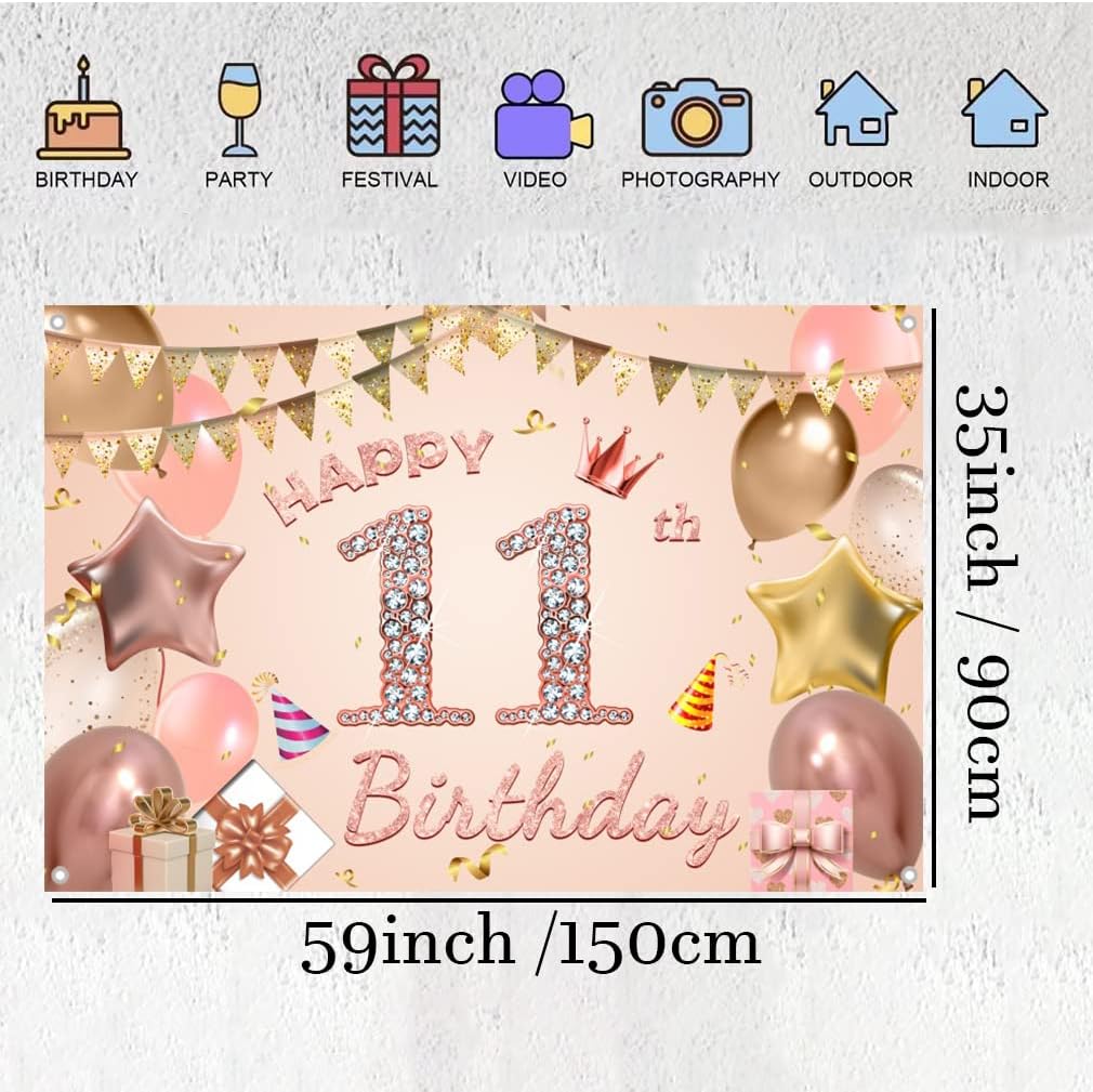 Cartel de tela para decoración de cumpleaños número 11 para niñas de 11 años, cartel de tela para fiesta de cumpleaños de niña, fondo de foto rosa