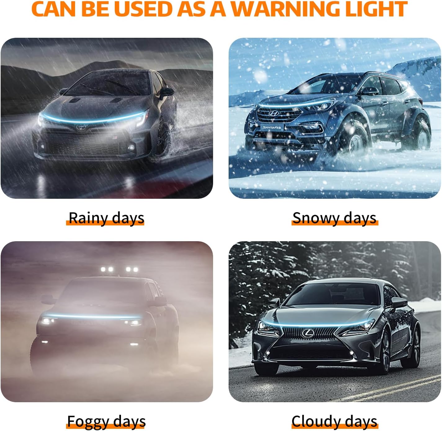Ailinge Tira de luz LED para capó de automóvil, escaneo dinámico flexible, para correr durante el día, kit de luces impermeables de silicona de 12 V