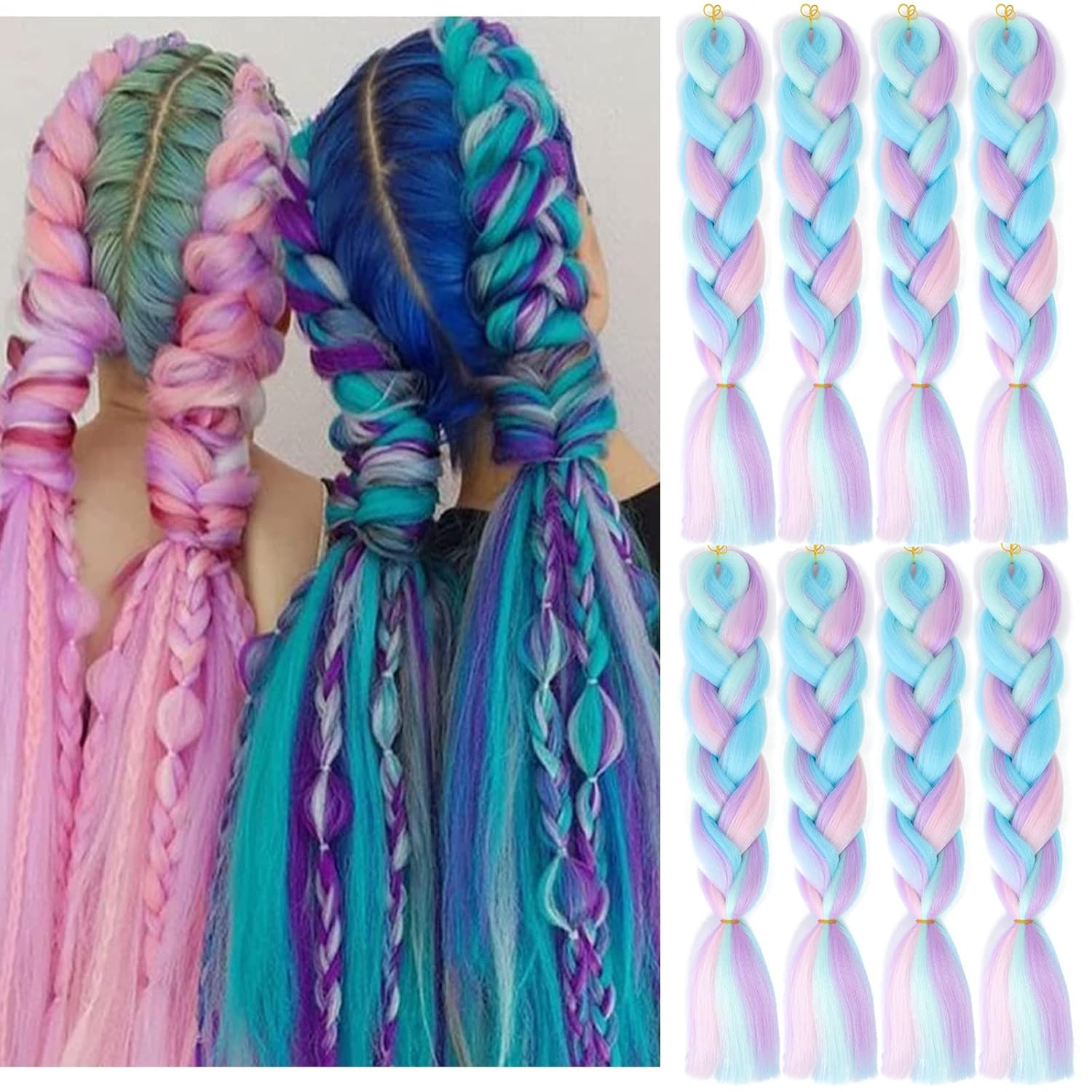 Cabello trenzado de mezcla de fibras sintéticas sedosas, tamaño jumbo, colores de arcoíris azul, morado claro y rosa, extensiones de cabello