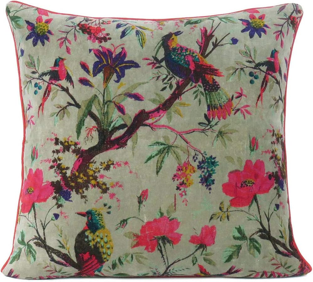 Mam Treasures – Funda de cojín de terciopelo con flores y pájaros para sofá, decoración bohemia, colorido, bohemio, chic, indio, hecho a mano, solo