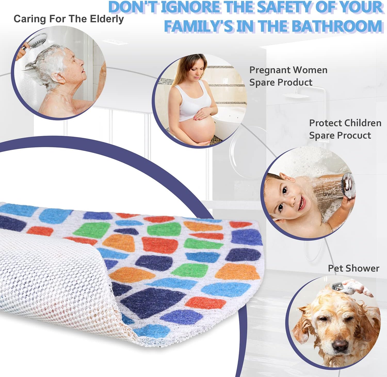 Tapete de ducha esquinero, tapete de baño antideslizante, tapete de ducha de PVC para ducha, tapete de baño de 24 x 24 pulgadas con orificios de