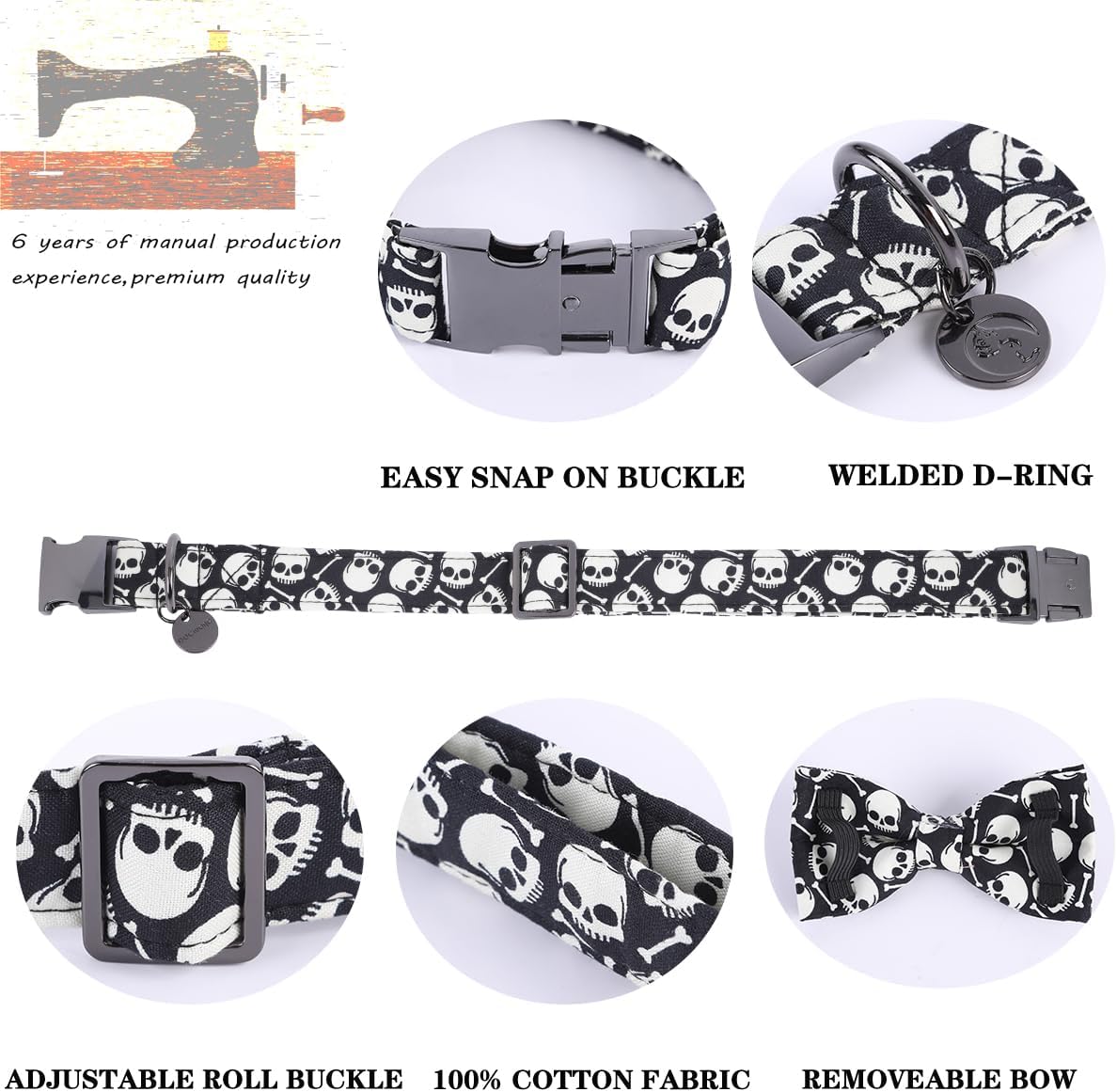 DOGWONG Collar de perro fantasma de Halloween con corbatín, collar de perro de calavera negra para Halloween, duradero y suave, collar de perro para