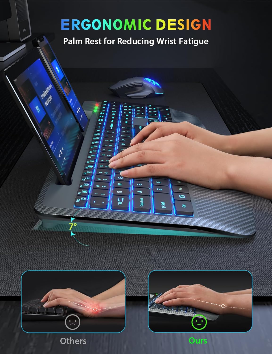 Retroiluminación inalámbrica para teclado y mouse, reposamuñecas, mouse Jiggler, teclado ergonómico recargable con soporte para teléfono, combo de