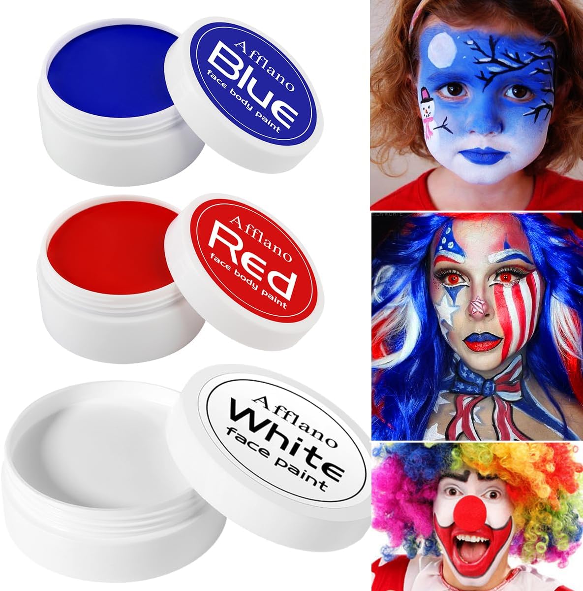 DE’LANCI Pintura facial roja, blanca y azul, pintura facial y corporal de EE. UU., maquillaje de payaso, pintura al óleo de crema de copo de nieve