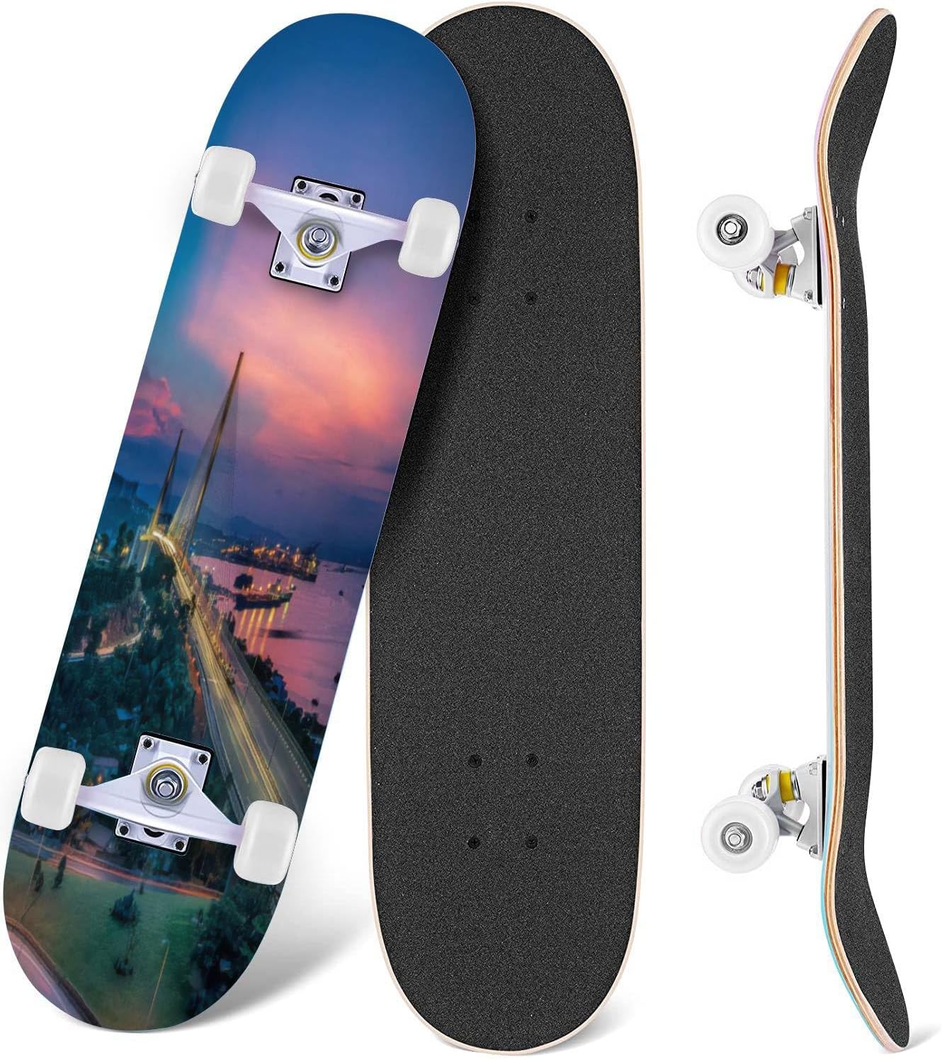Sunset Skyline Havana – Patinetas para principiantes de 31 x 8 pulgadas, tablas cóncavas de arce de doble patada completa al aire libre para