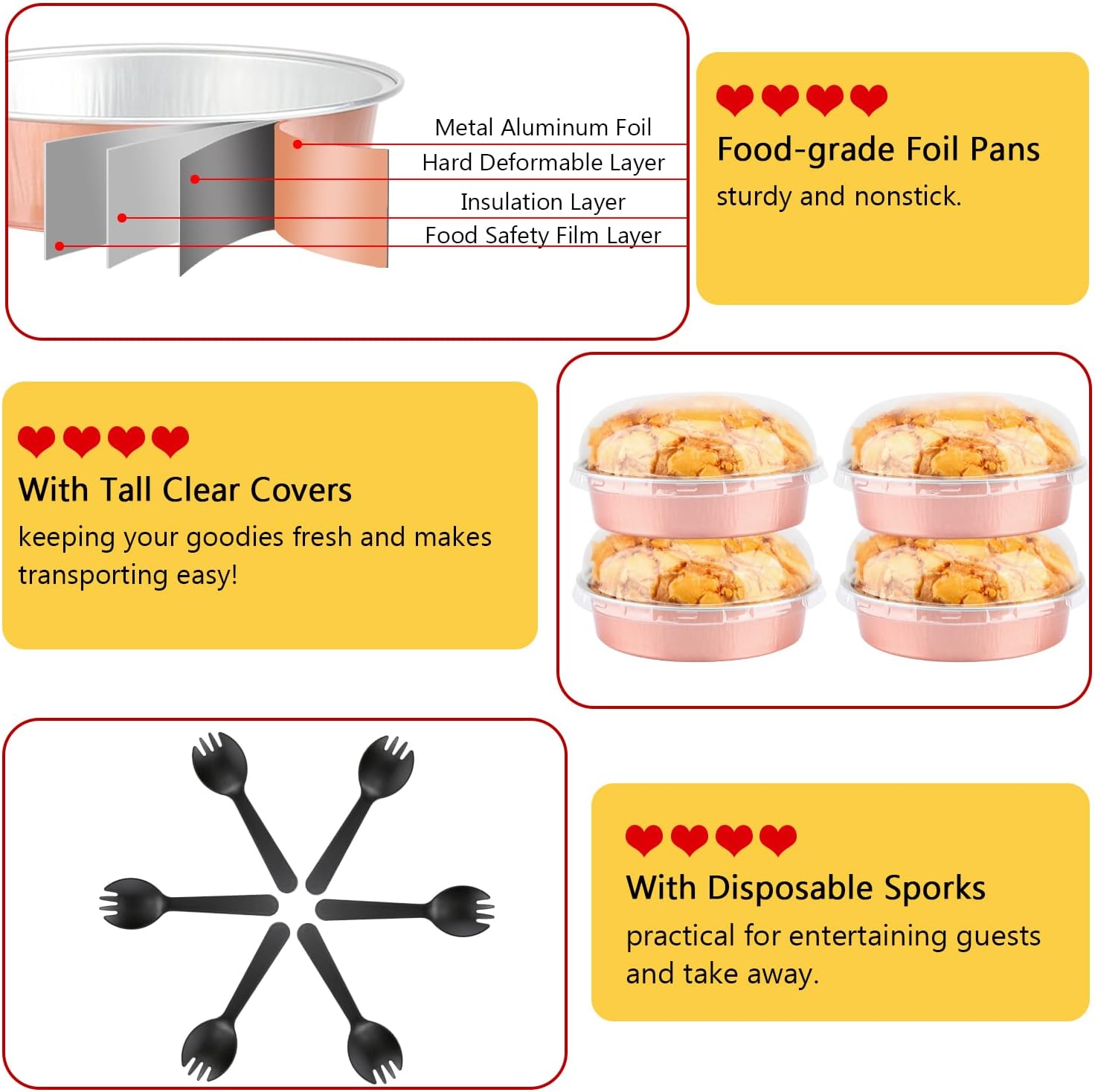 LNYZQUS – Mini moldes para pasteles de 8 onzas con tapas, paquete de 50 moldes desechables de 4 pulgadas, moldes pequeños para tartas de papel de