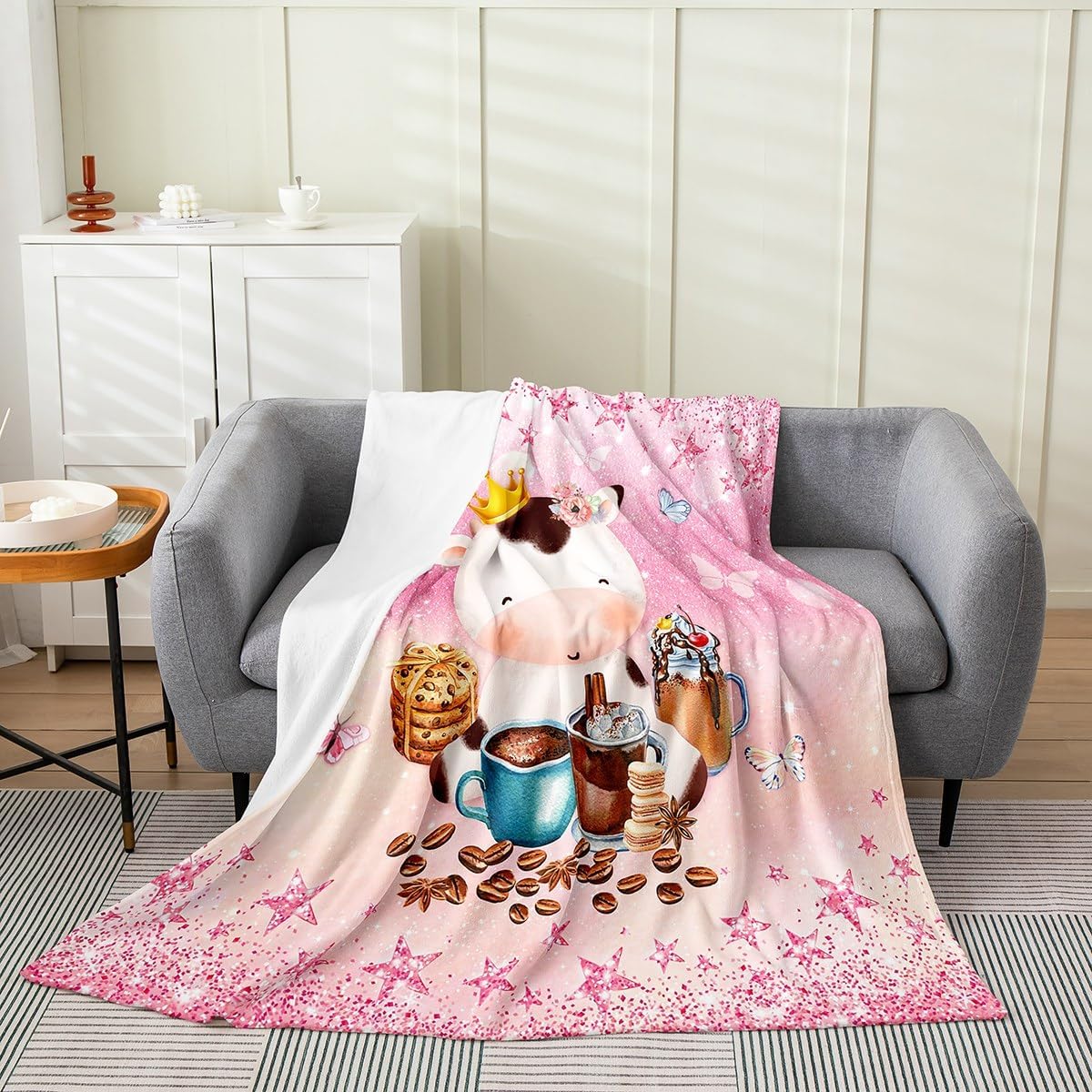 Bonita manta de franela con diseño de vaca de 40 x 50 pulgadas, con purpurina y estrellas rosadas y mariposas salvajes, para niños, niñas y