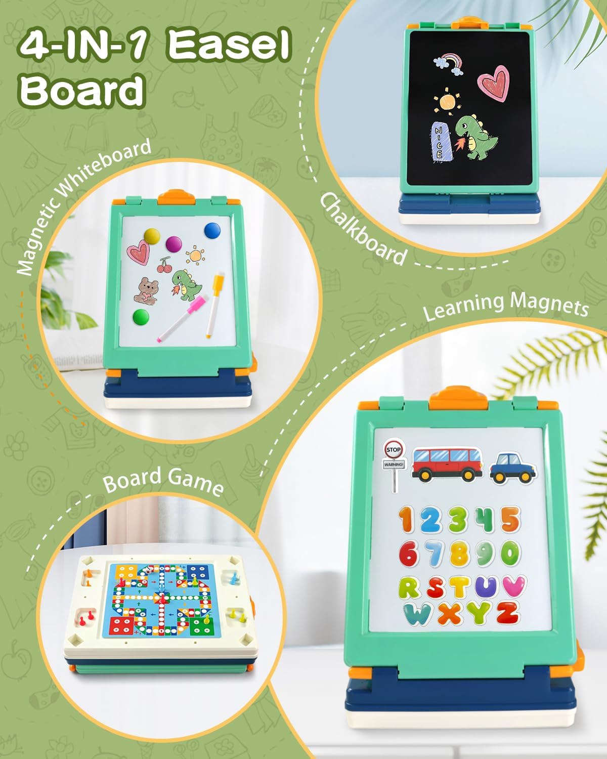Elovien Caballete para niños, caballete de mesa para niños pequeños, caballete de arte plegable 4 en 1 de doble cara para niños con pizarra y