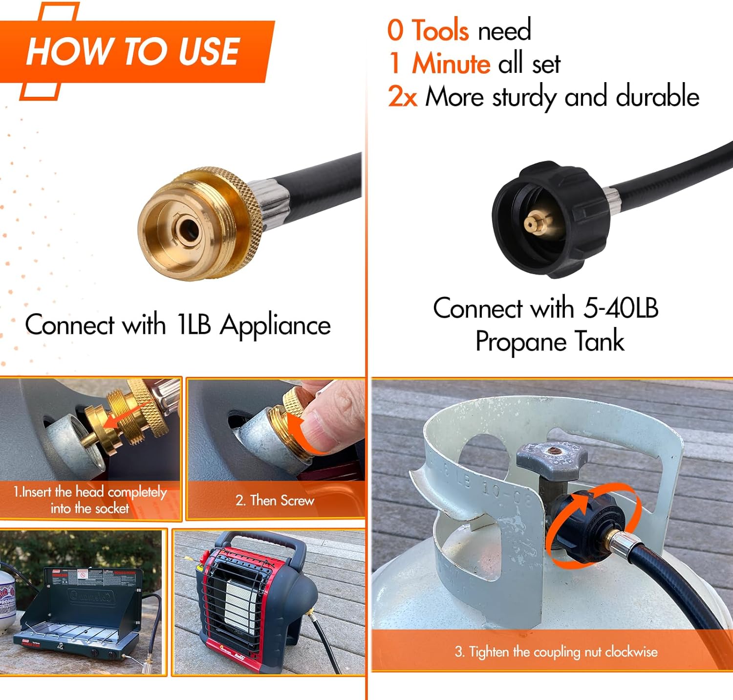 Adaptador de manguera de propano de 12 pies de 1 libra a 20 libras, manguera adaptadora de propano de alta presión, adaptador de tanque de propano,