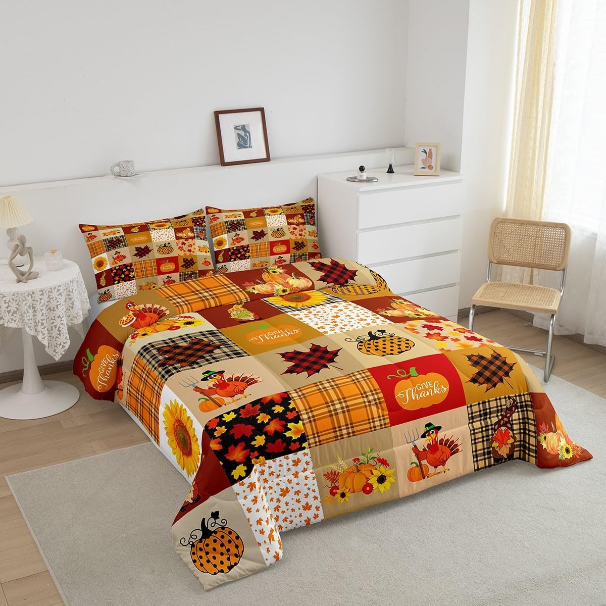 Juego de edredón de cuadrícula de calabaza otoñal, rústico, de granja, hoja de arce, girasol, juego de edredón de Acción de Gracias, Turquía, para