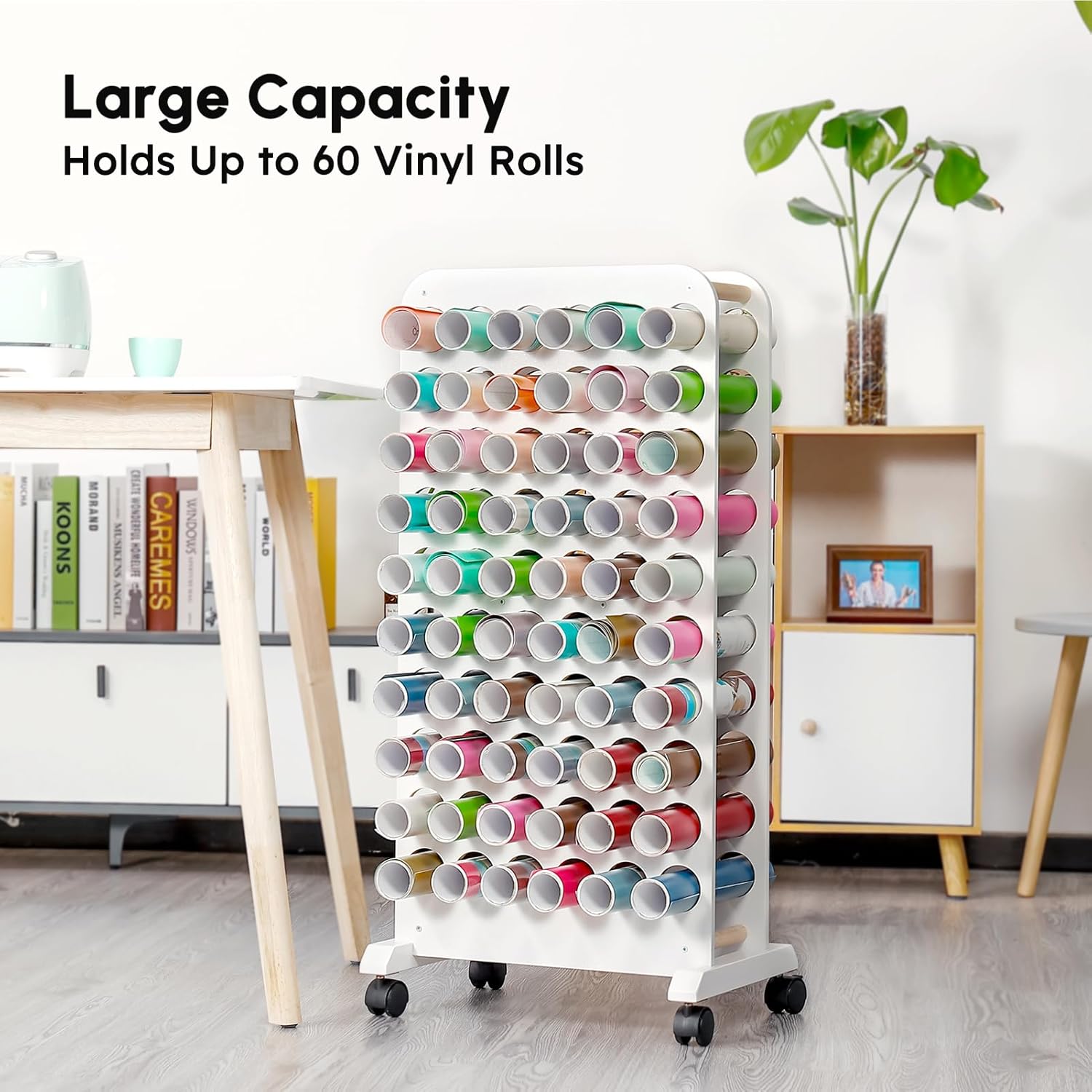 Soporte móvil de rollo de vinilo, organizador de almacenamiento de vinilo de 60 compartimentos con ruedas giratorias de bloqueo, carrito de