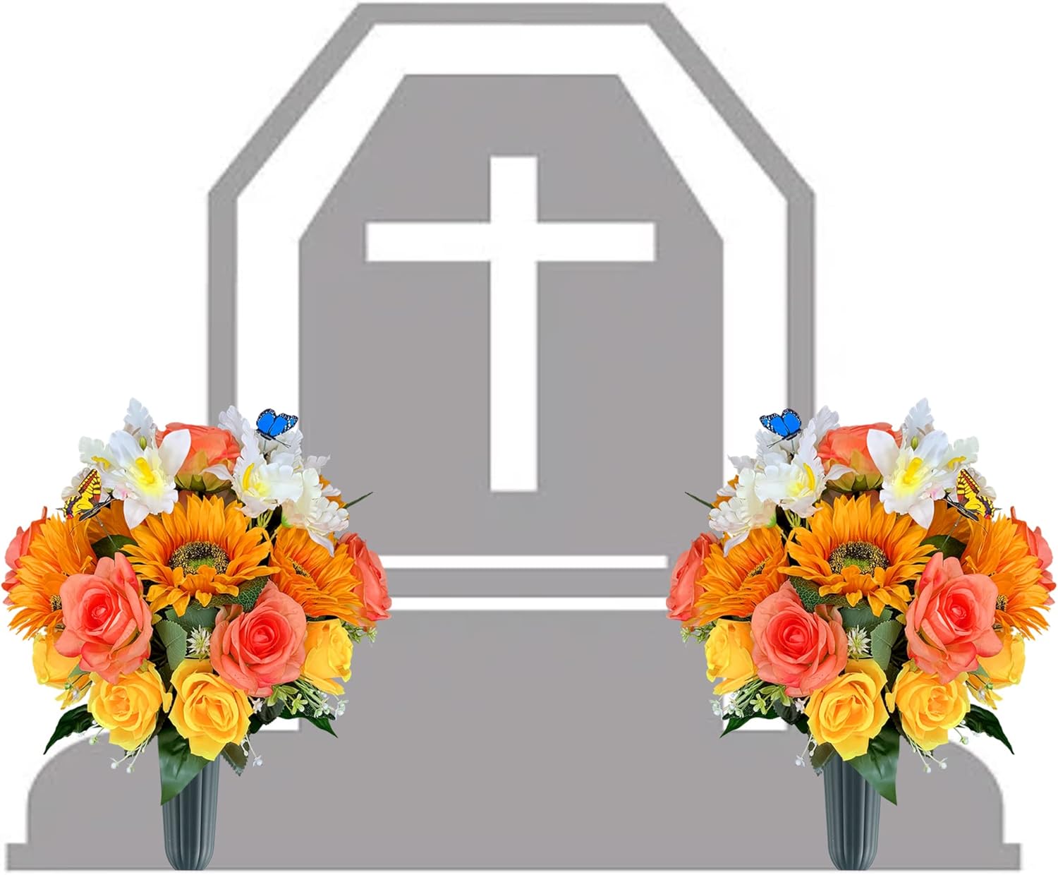 Flores de cementerio de seda para tumba con mariposa y jarrón, no se corren, rosa artificial y girasol y orquídea Cattleya, arreglo junto a la