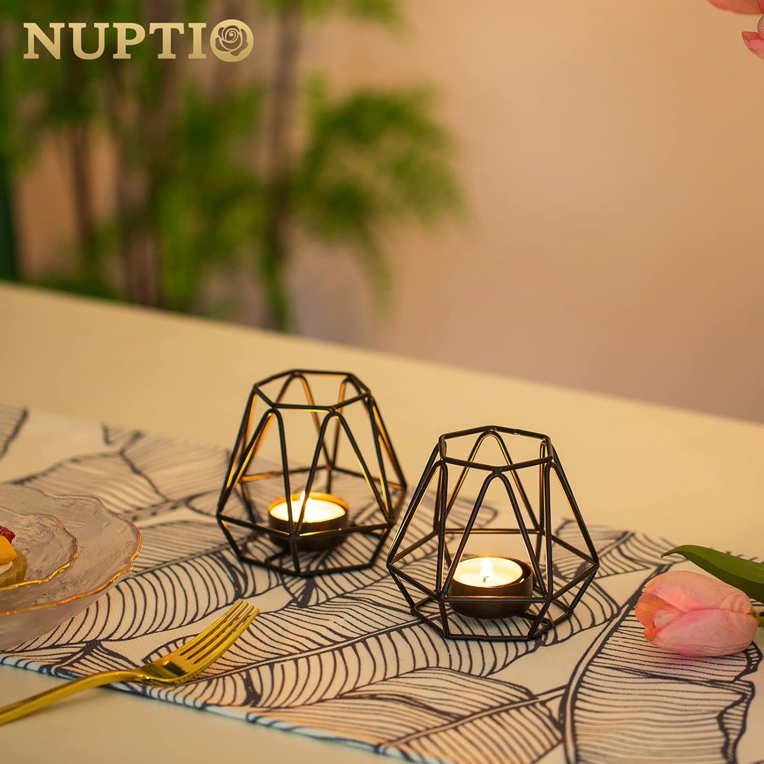 2 portavelas para velas de té, soporte para velas de té negro, portavelas votivas geométricas hexagonales de metal para boda, hogar, sala de estar,