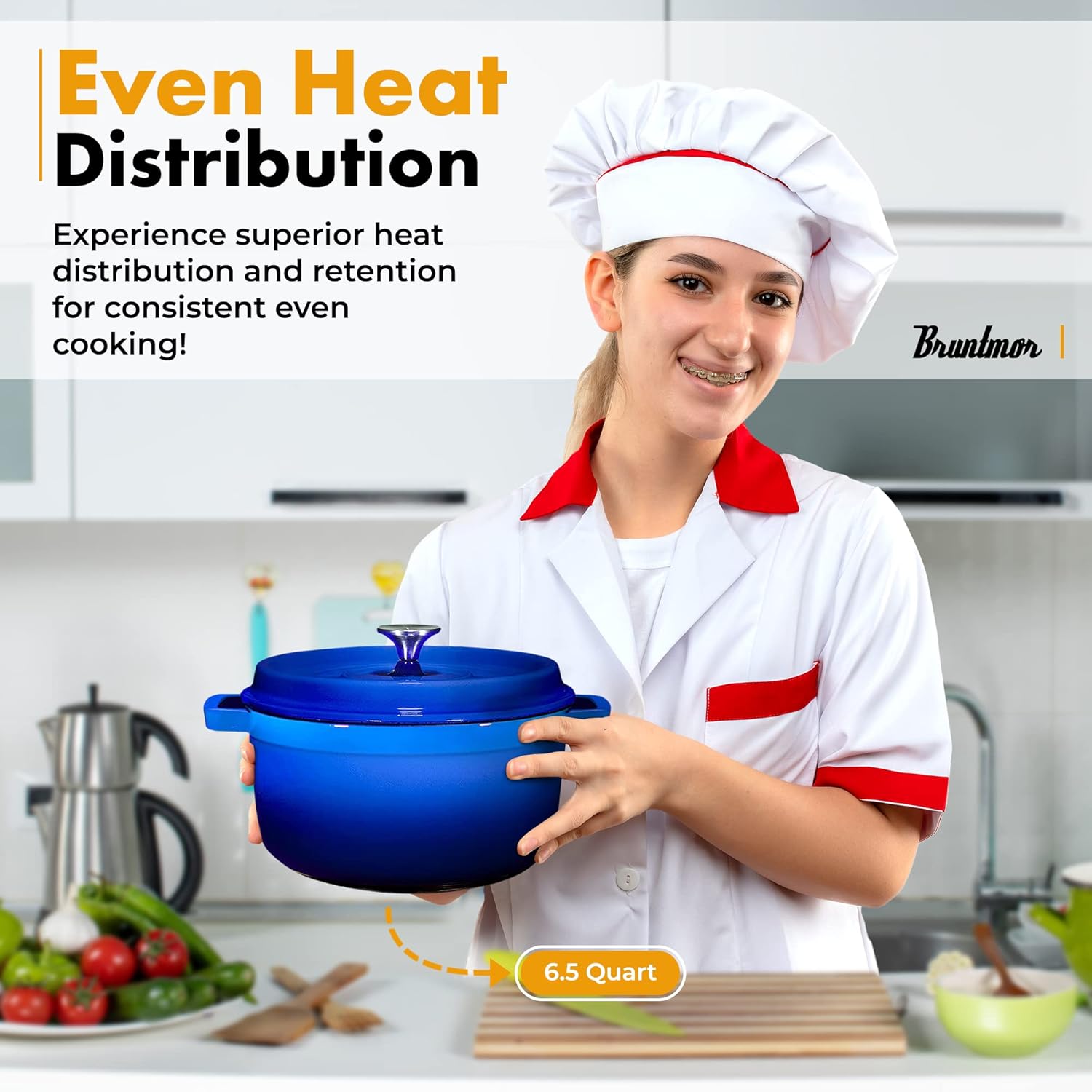 Bruntmor – Horno holandés redondo de hierro fundido esmaltado precurado de 6.5 cuartos de galón, con tapa y asa utensilio de cocina resistente para